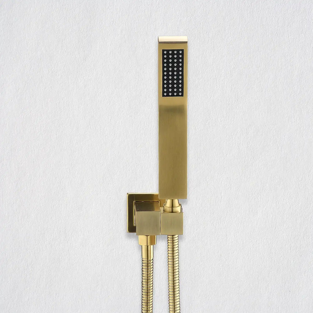Eclipse Series Brushed gold handheld showerhead with matching wall-mounted holder and hose