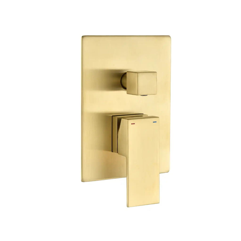 Brushed gold shower control panel with mode selector and temperature handle