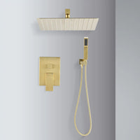 Wall-mounted Eclipse brushed gold shower system with concealed installation, rainfall head, handheld sprayer, and control panel
