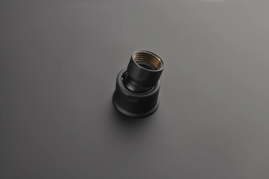 Black shower connector with threaded fitting, designed for secure and leak-free installation in modern bathroom fixtures.