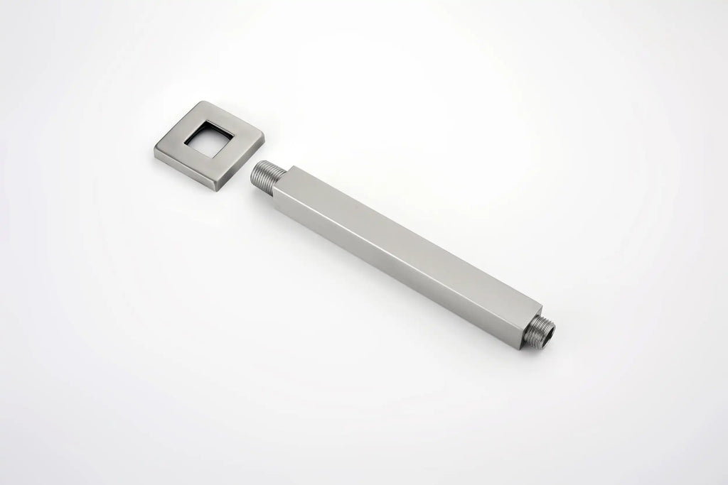 Modern shower arm with square wall plate, designed for sleek bathroom installations and durable performance.
