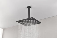 Lorton 12" black rain shower head delivering soft rainfall water flow for a relaxing shower experience.