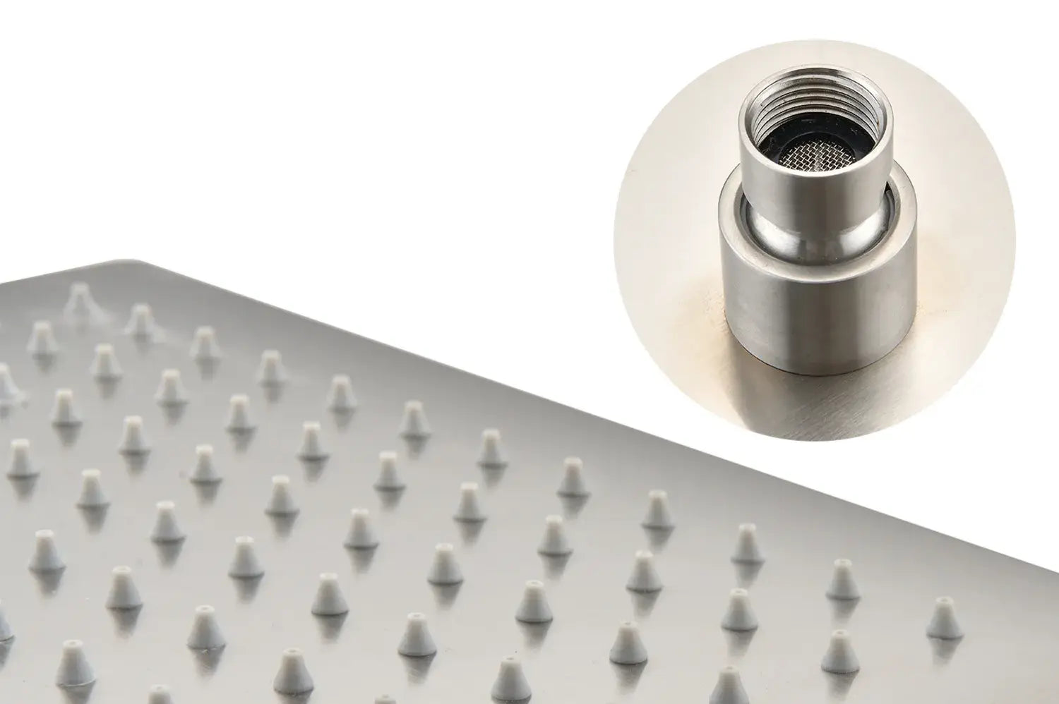 Lorton 12" Brushed Nickel Rain Shower Head with silicone nozzles and swivel joint detail.
