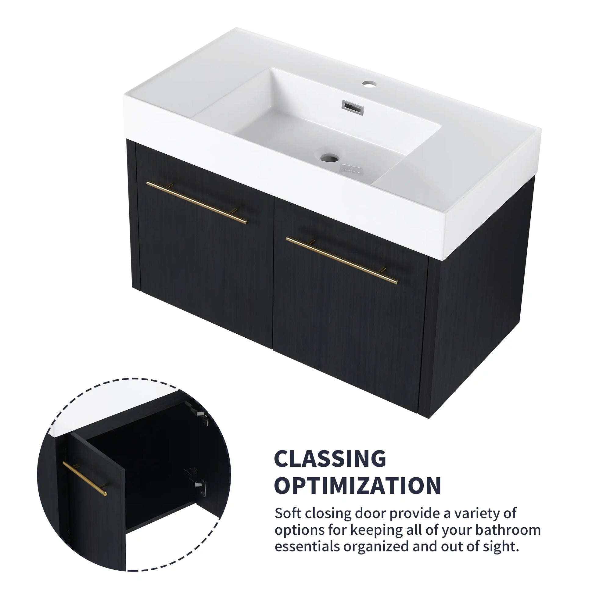 36 inch wall mounted bathroom vanity with resin sink and soft-close cabinet storage detail | Ace Decor