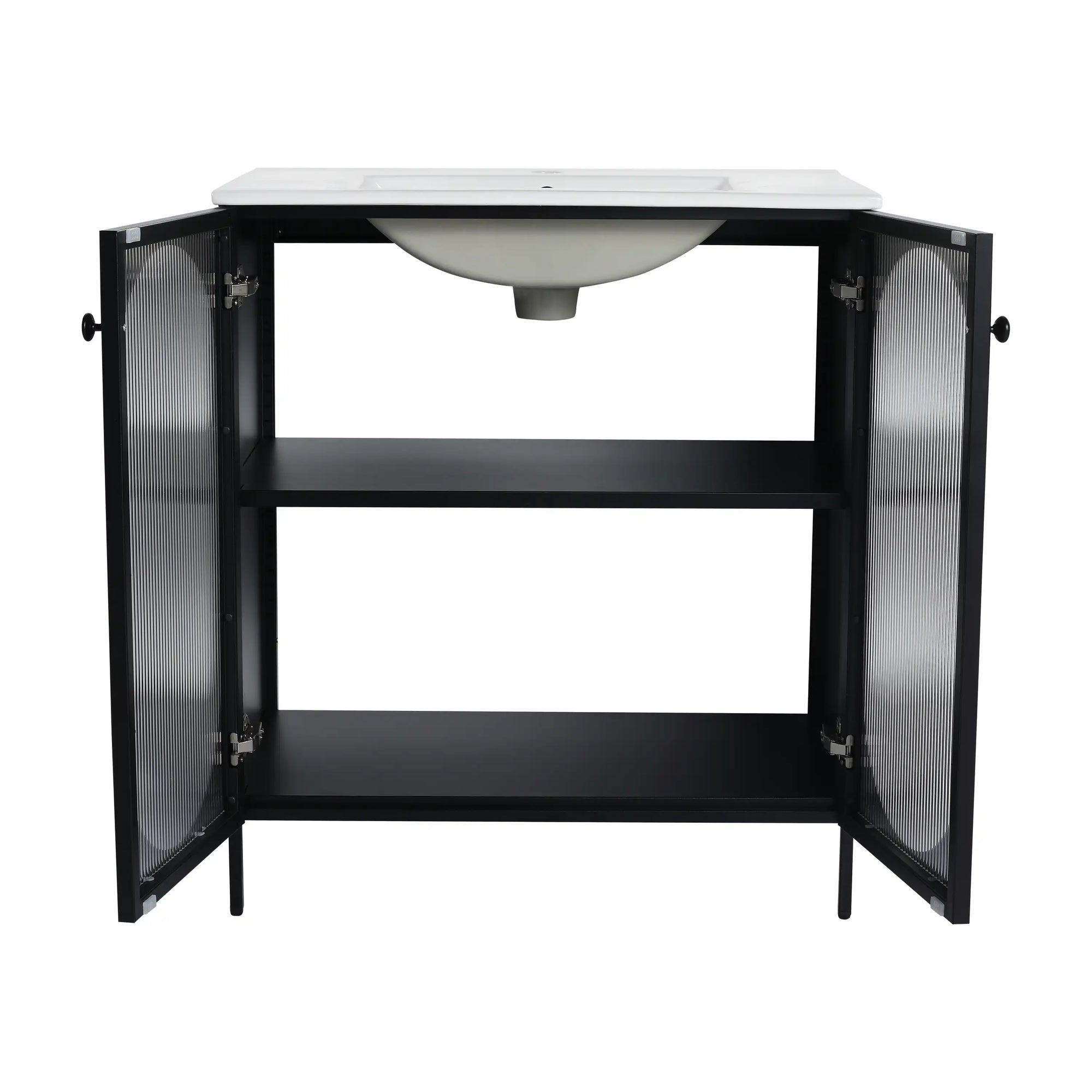 Front interior view of 30" freestanding makeup vanity with ceramic sink and spacious cabinet storage | Ace Decor