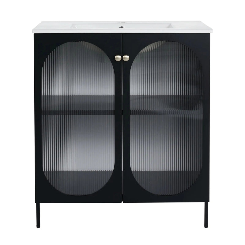 30" Black Freestanding Bathroom Vanity with Ceramic Sink & Acrylic Soft Close Doors