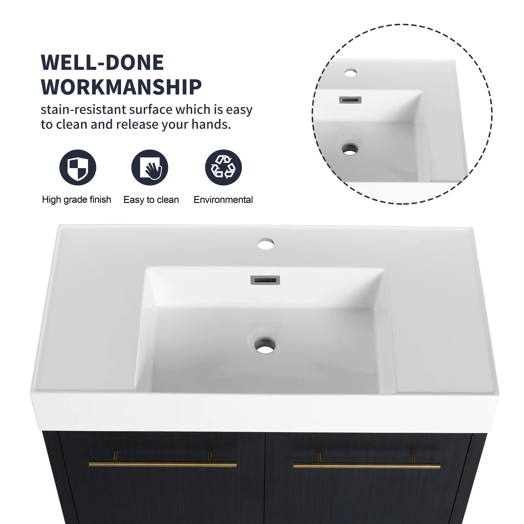 36 inch wall mounted bathroom vanity with thick resin sink close-up and easy-clean surface | Ace Decor