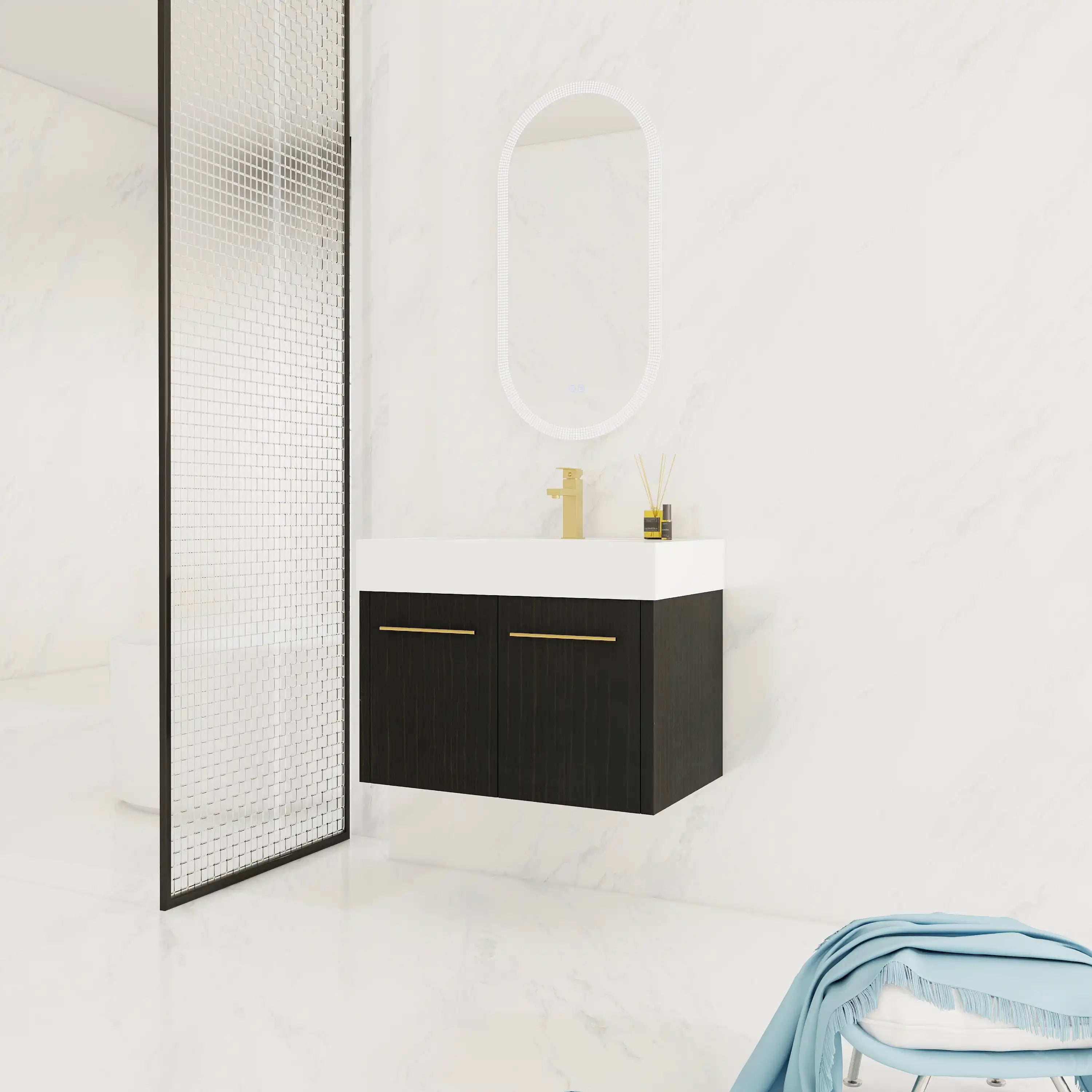30 inch floating bathroom vanity angled view with resin sink and gold handle details.