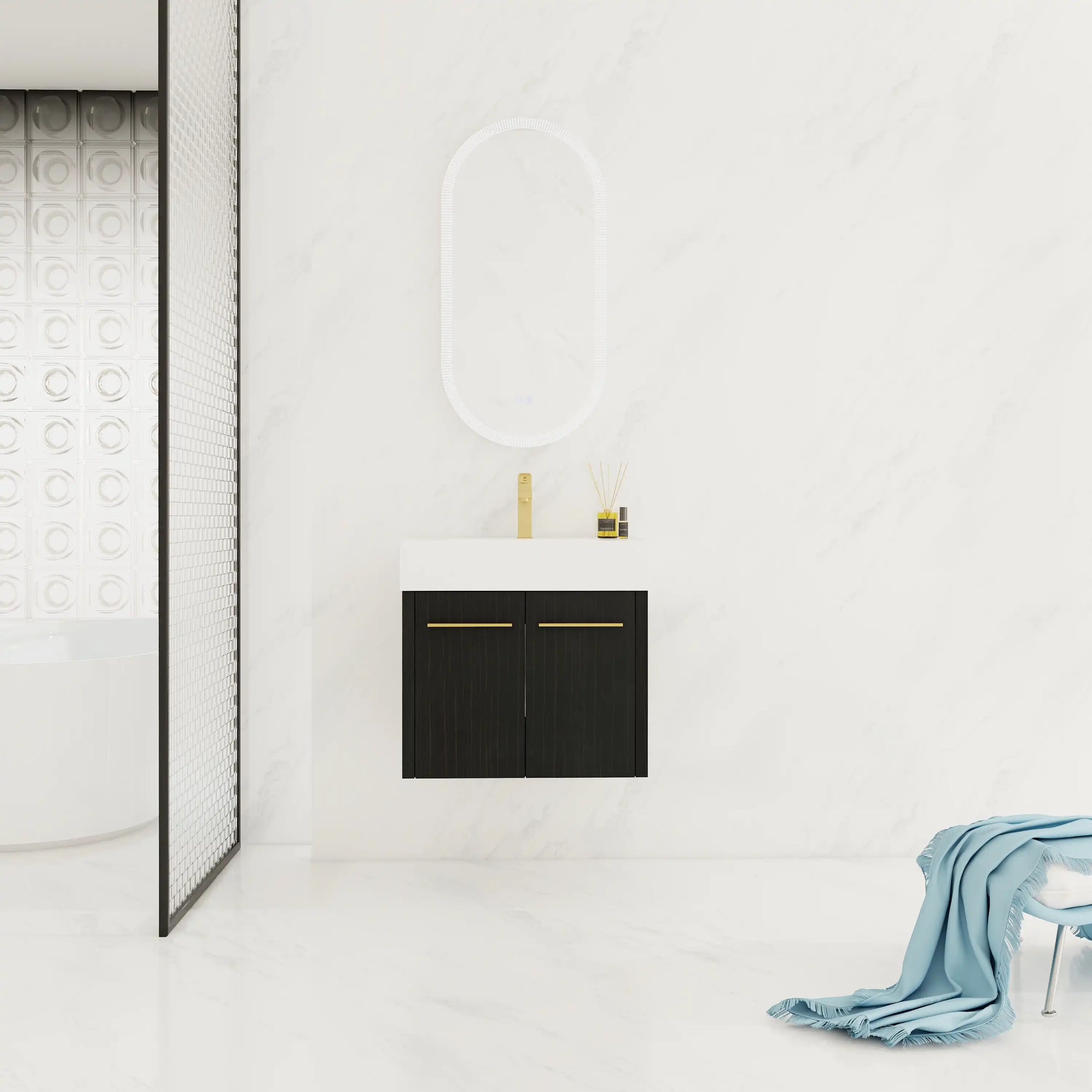 24" small wall mounted vanity styled in minimalist bathroom space with floating installation | Ace Decor