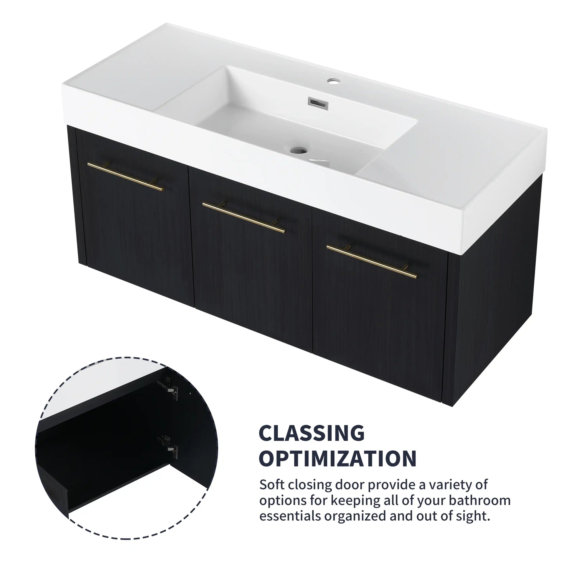 47 inch bathroom vanity with resin sink and black chestnut cabinet angled front view | Ace Decor