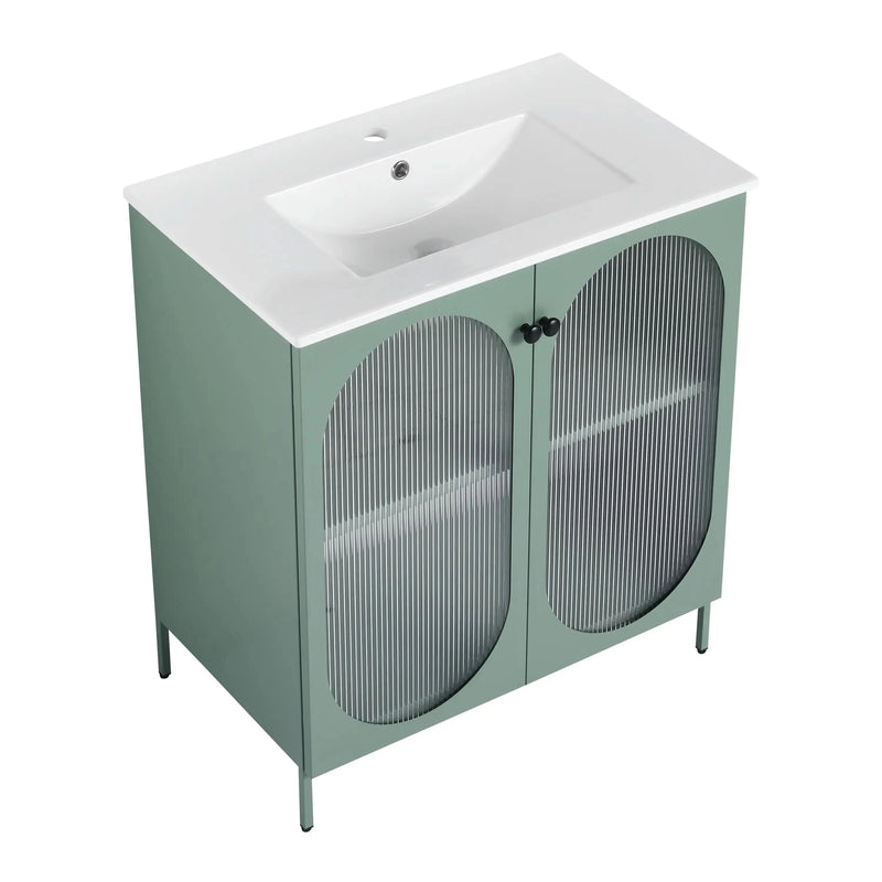 30" Mint Green Freestanding Bathroom Vanity with Ceramic Sink & Acrylic Soft Close Doors