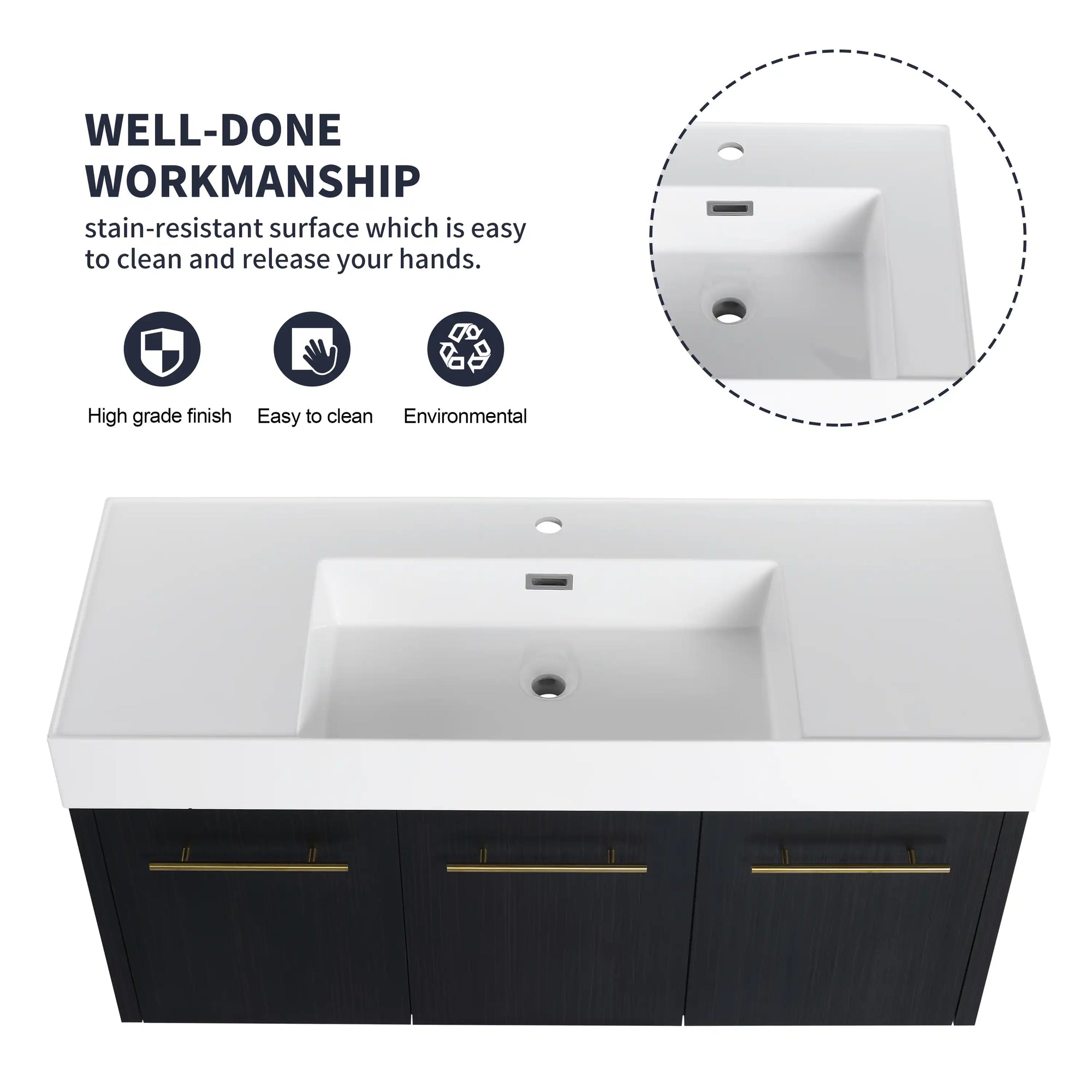 47 inch bathroom vanity thick resin sink detail with stain-resistant easy-clean surface | Ace Decor