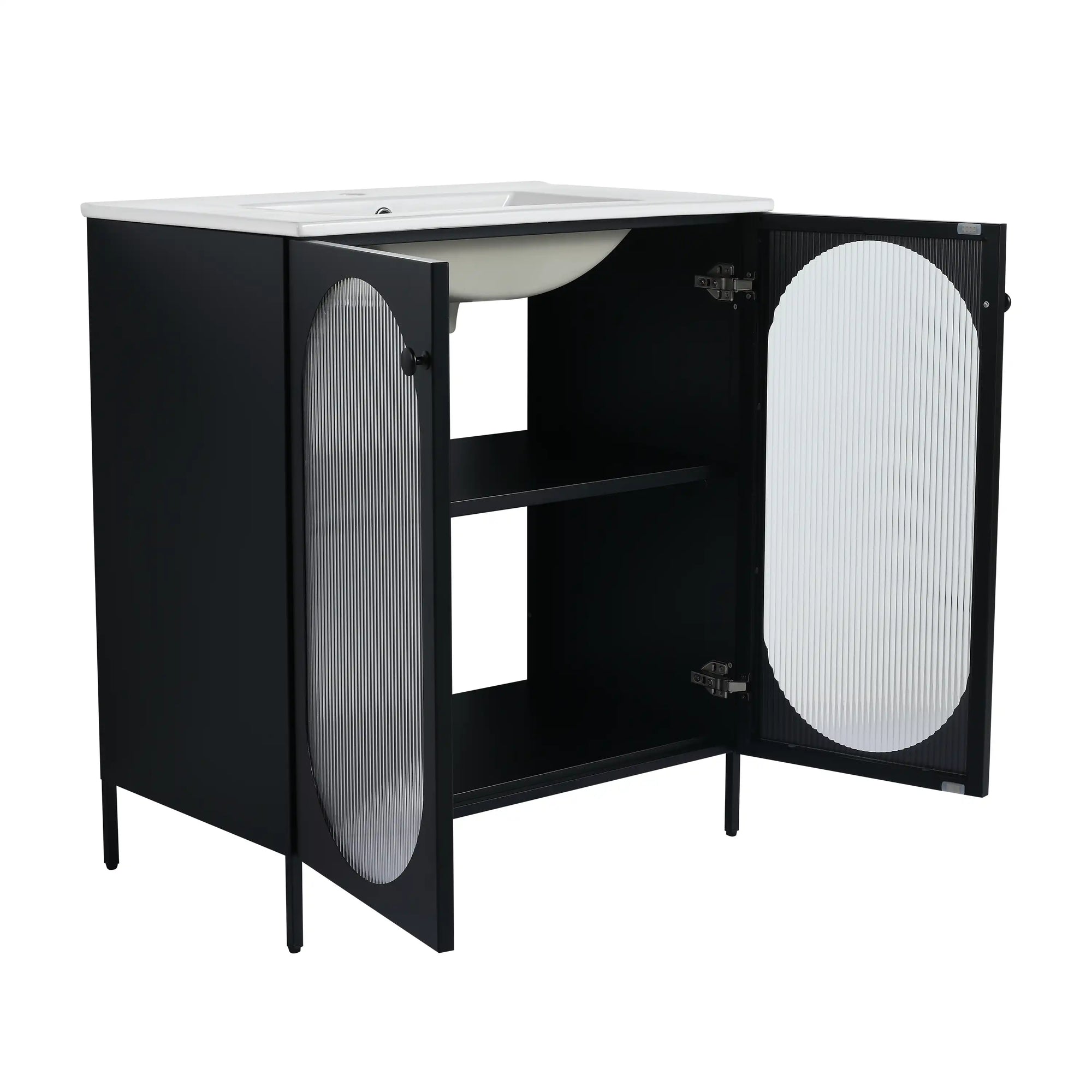 Open cabinet view of 30" black freestanding makeup vanity with ribbed acrylic doors and storage | Ace Decor