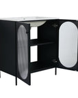 Open cabinet view of 30" black freestanding makeup vanity with ribbed acrylic doors and storage | Ace Decor