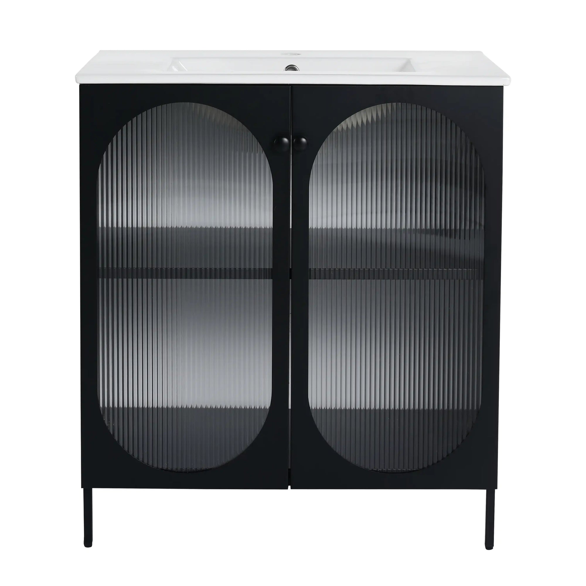 Front view of 30" black freestanding makeup vanity with ceramic sink and ribbed acrylic doors | Ace Decor