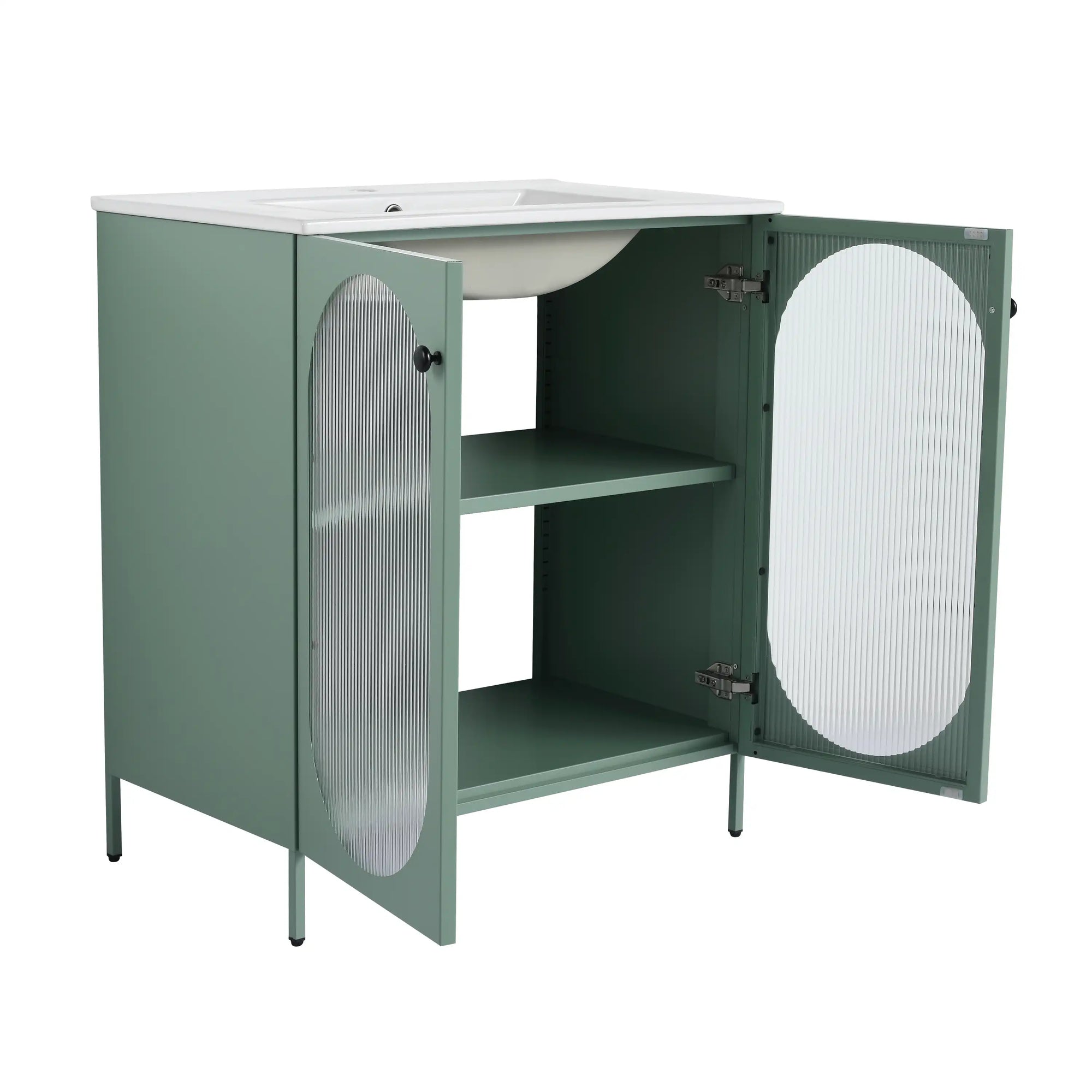 Open storage view of 30" mint green freestanding single bathroom vanity with sink with adjustable shelf | Ace Decor
