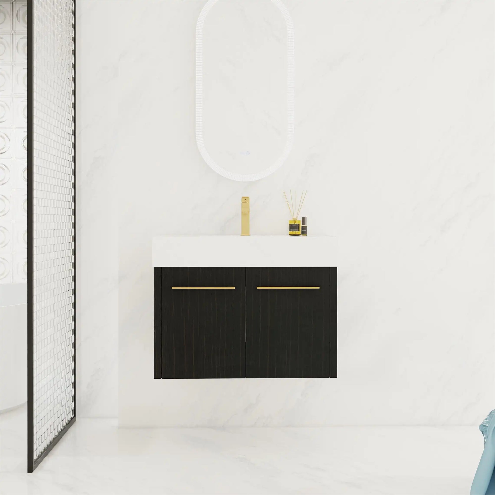 30" wall mounted vanity bathroom front view with floating design and clean white backdrop | Ace Decor