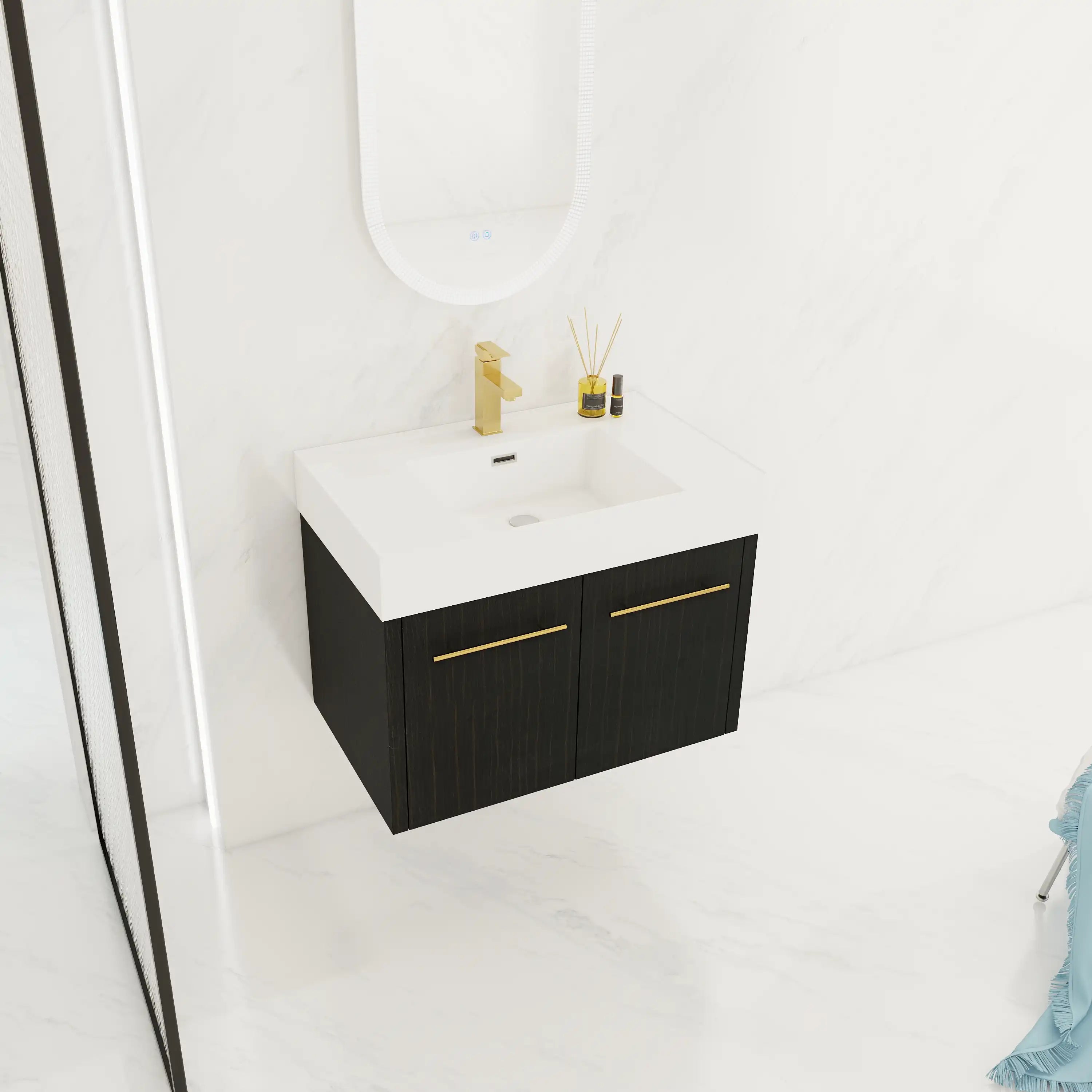 30 inch wall mounted bathroom vanity showing floating installation and smooth resin sink top.