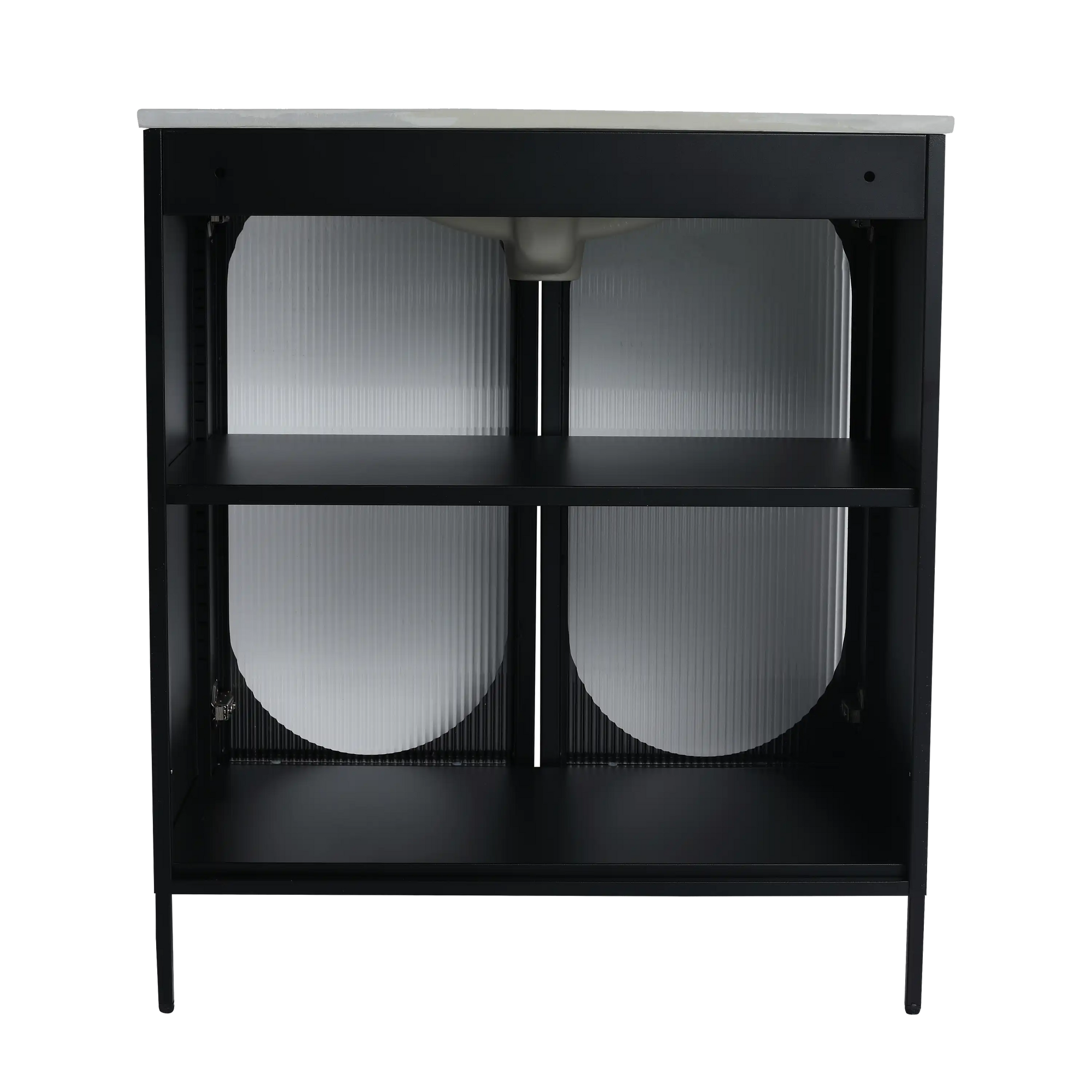 Interior storage of 30" black freestanding makeup vanity with ceramic sink and adjustable shelf | Ace Decor