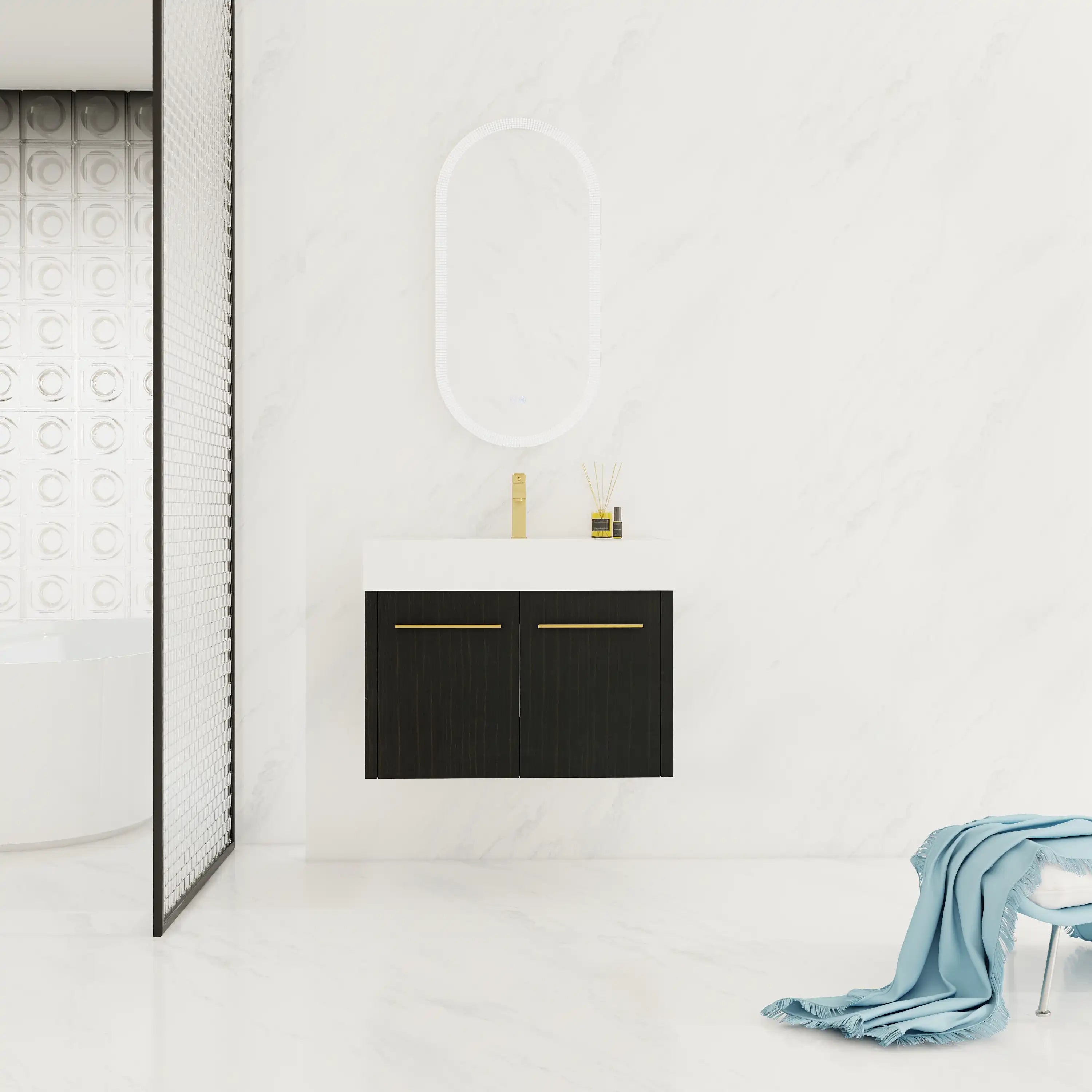 30 inch wall mounted bathroom vanity in modern minimalist space with mirror and brushed gold faucet.