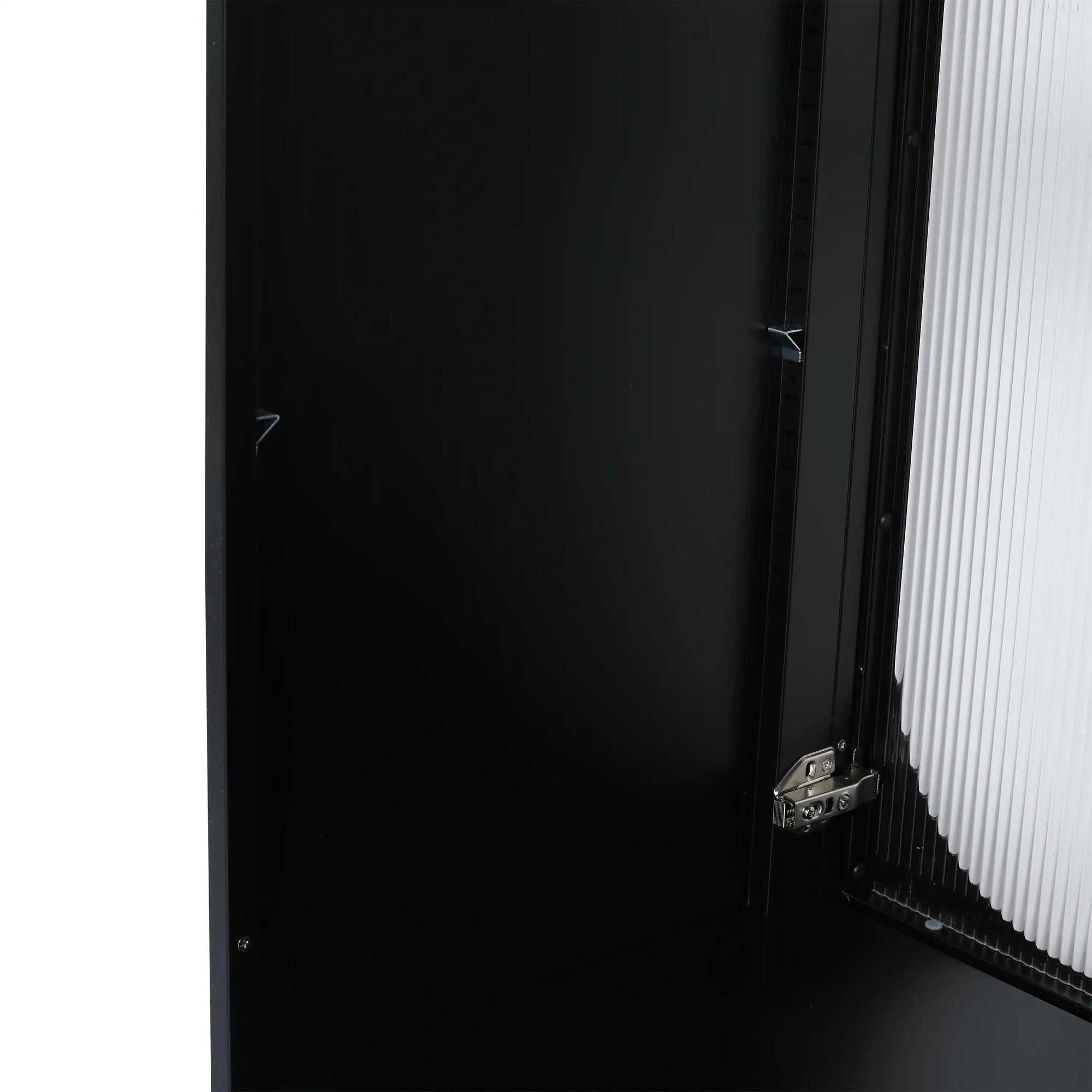 Interior hinge detail of 30" black freestanding makeup vanity cabinet | Ace Decor