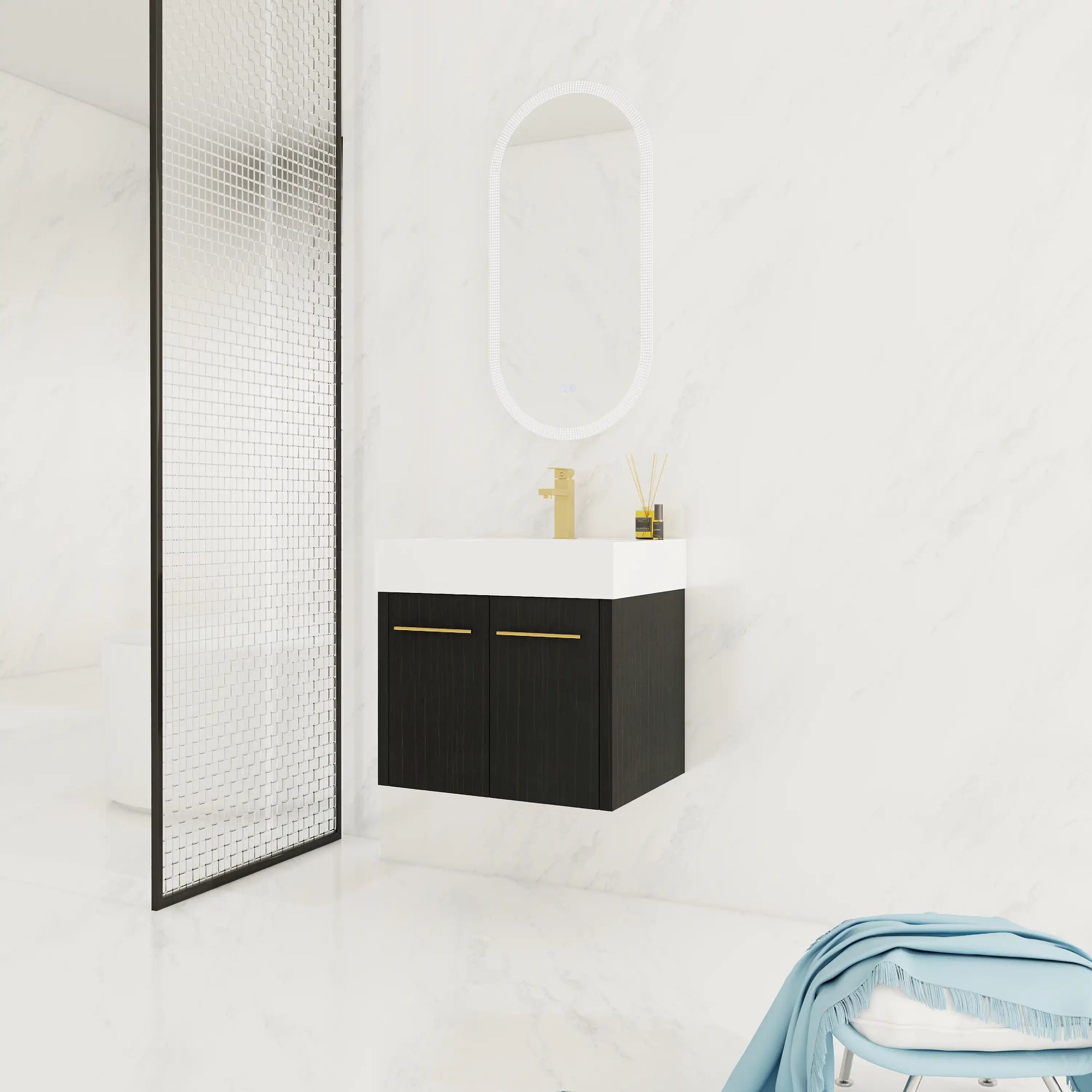 24" small wall mounted vanity angled view with modern decor and open floor space | Ace Decor