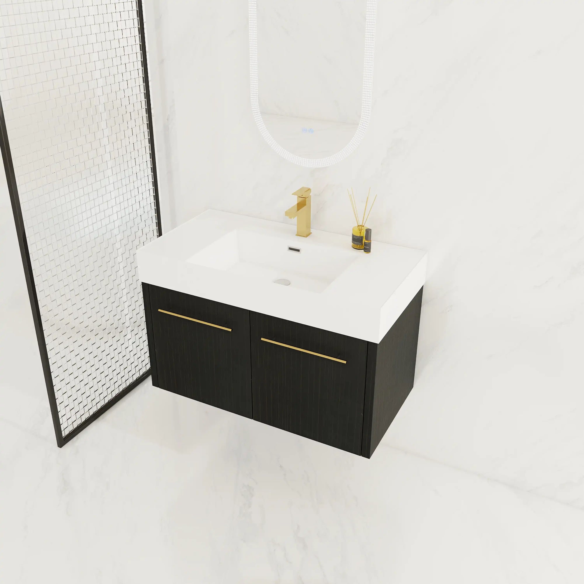 36 inch wall mounted bathroom vanity with resin sink and gold faucet in modern bathroom setting | Ace Decor