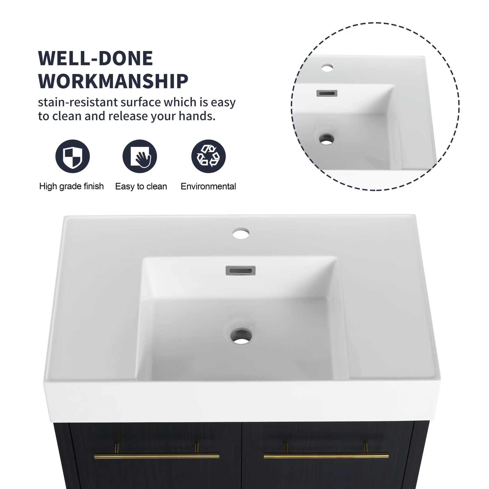 30" wall mounted vanity bathroom with resin sink close-up showing smooth surface and overflow design | Ace Decor