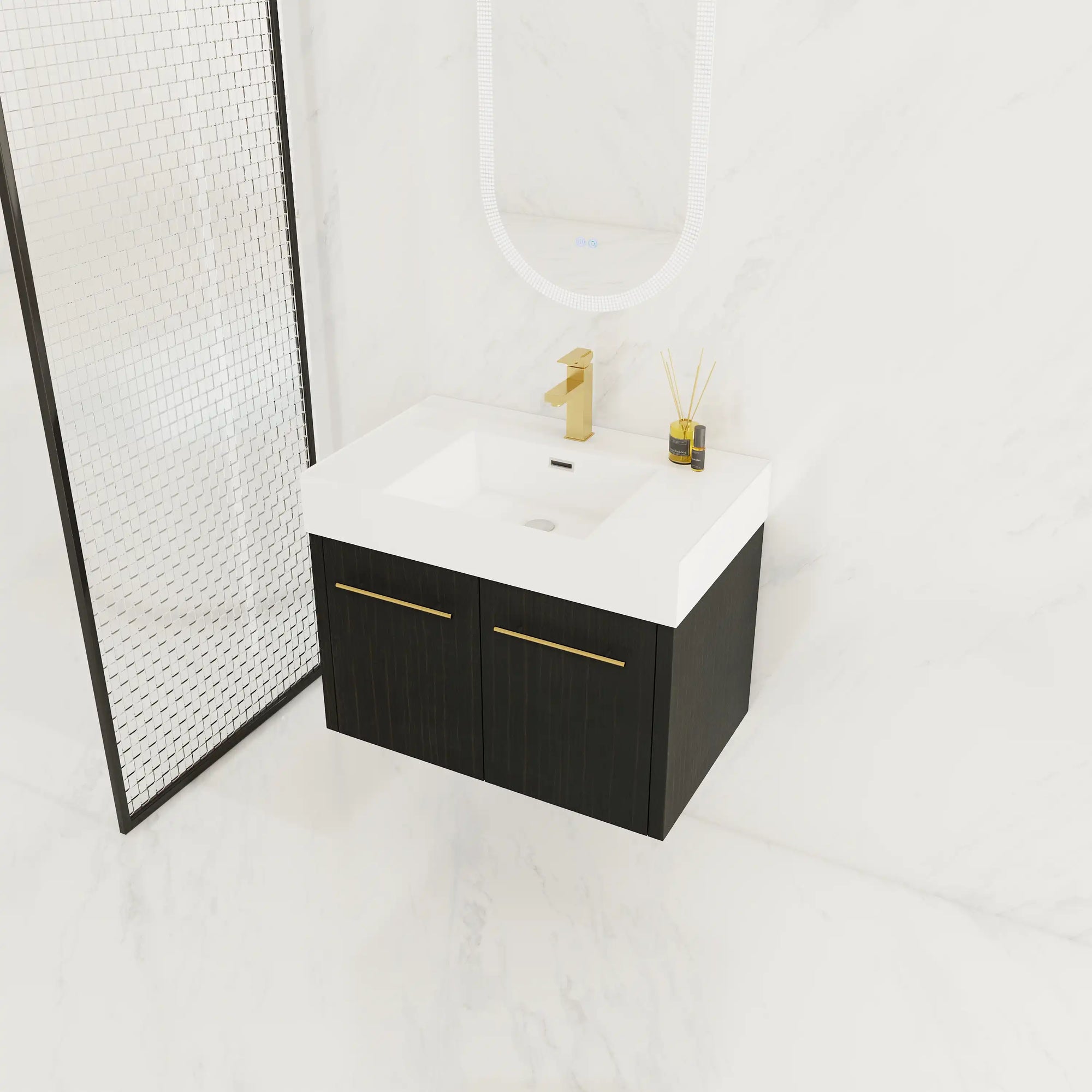 30" wall mounted vanity bathroom angled installation view with floating cabinet and gold faucet | Ace Decor