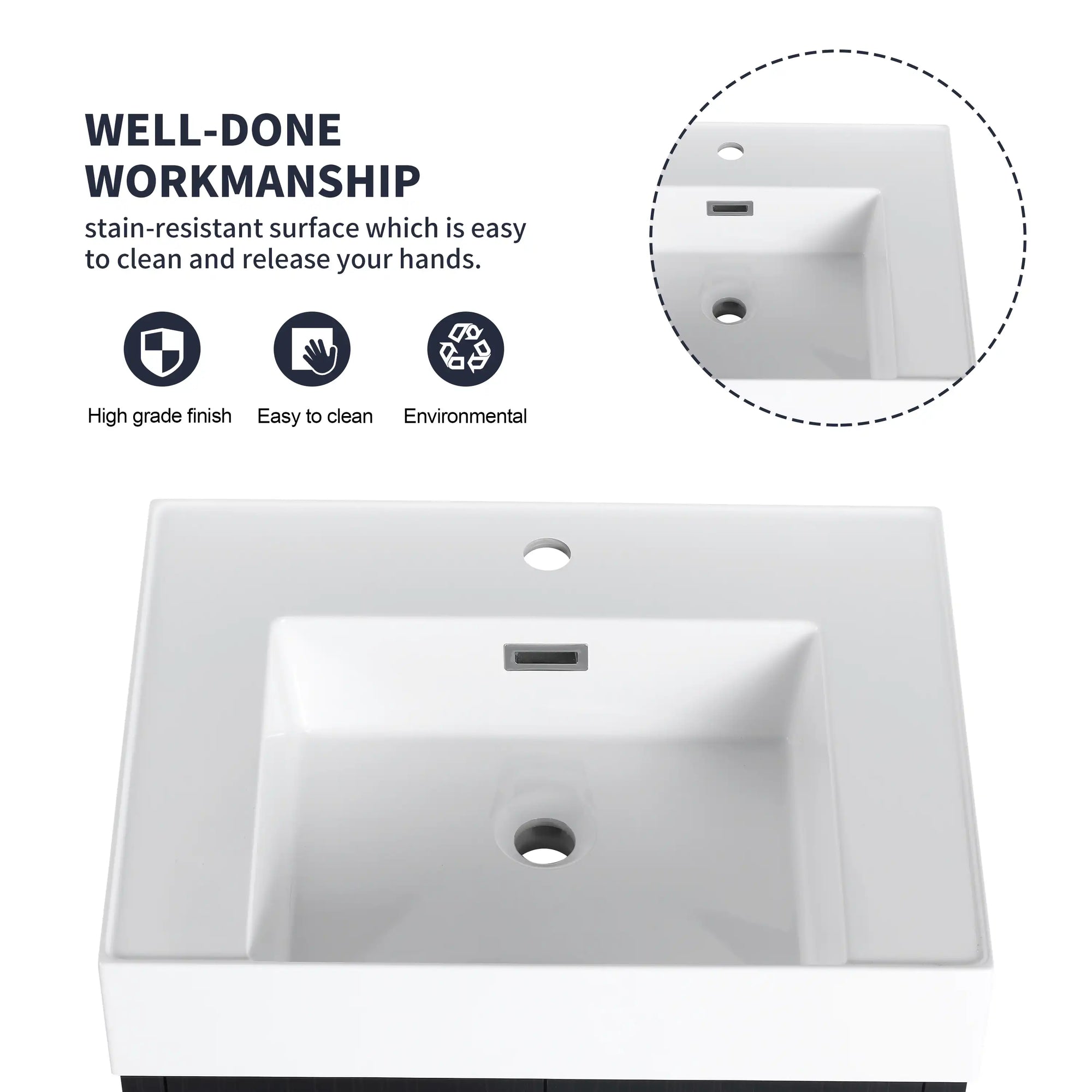 24" small wall mounted vanity thick resin sink close-up with smooth easy-clean surface | Ace Decor