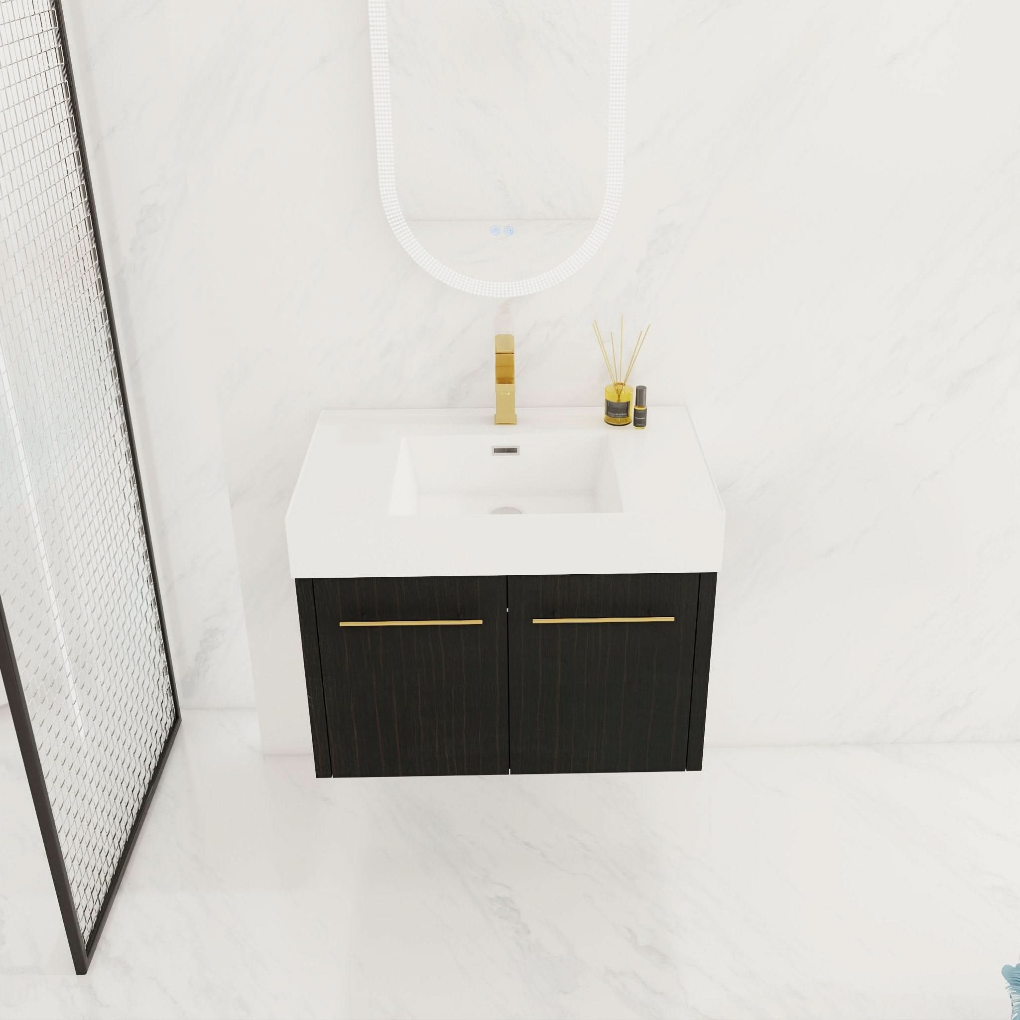 Noirline 30 inch bathroom black chestnut vanity installed in a marble bathroom with LED mirror and gold finish faucet.