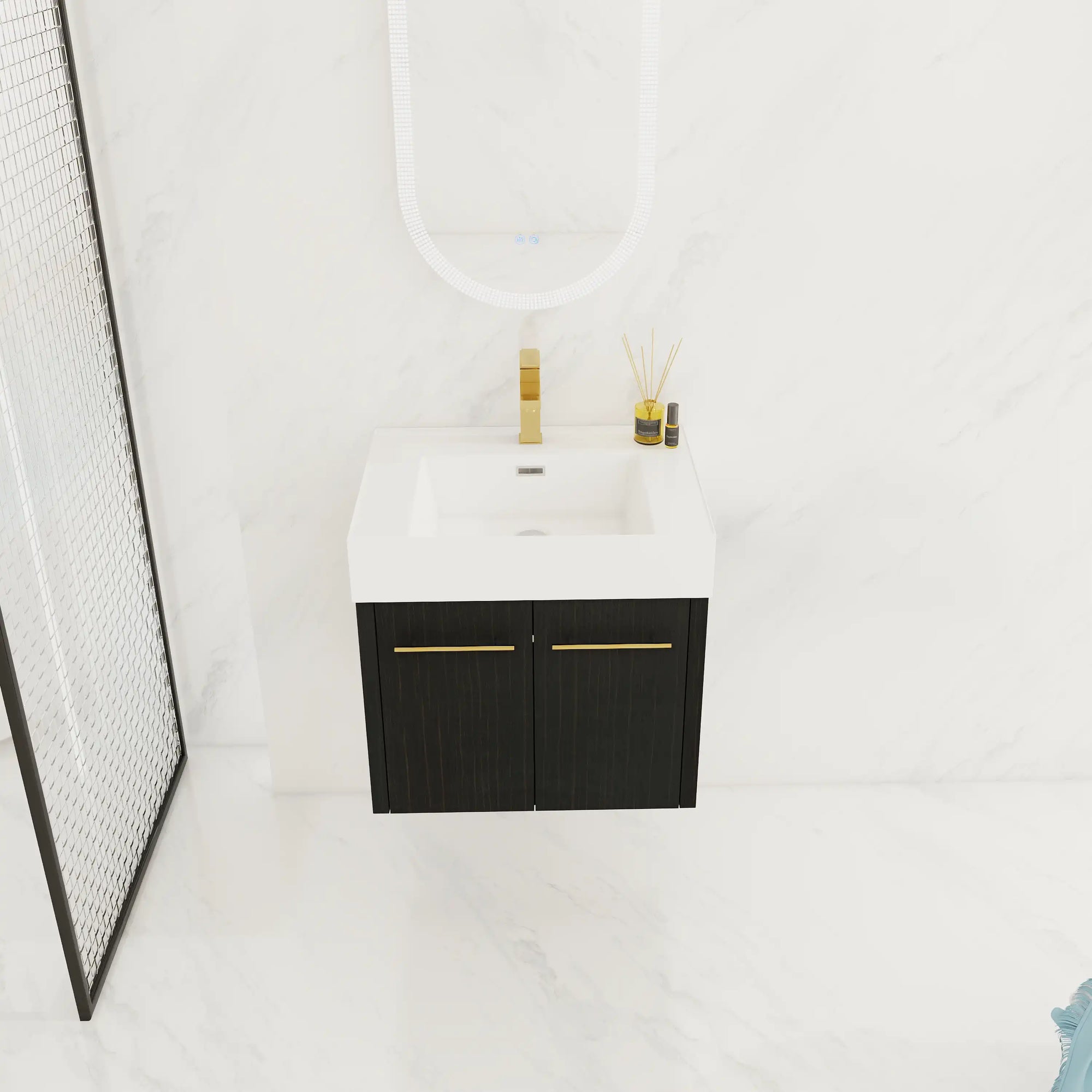 24" small wall mounted vanity front view in minimalist bathroom with floating design | Ace Decor