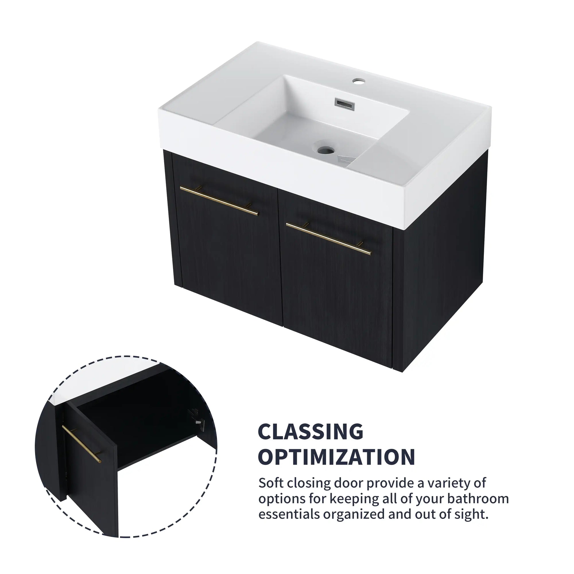 30" wall mounted vanity bathroom with soft-close doors and storage space detail view | Ace Decor