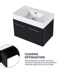 30" wall mounted vanity bathroom with soft-close doors and storage space detail view | Ace Decor