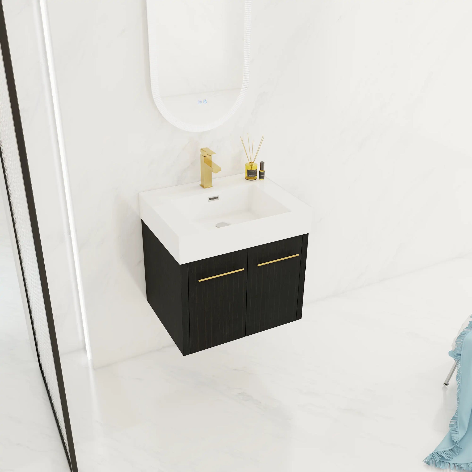24" small wall mounted vanity angled view with gold faucet and modern decor | Ace Decor
