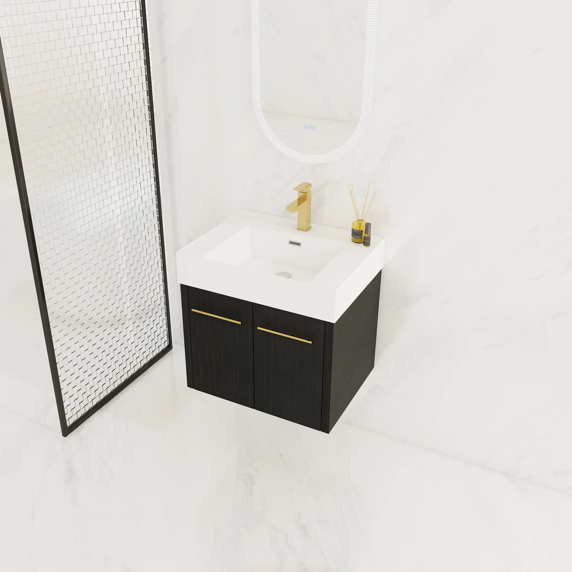 24" small wall mounted vanity with thick resin sink and modern bathroom setup top view | Ace Decor