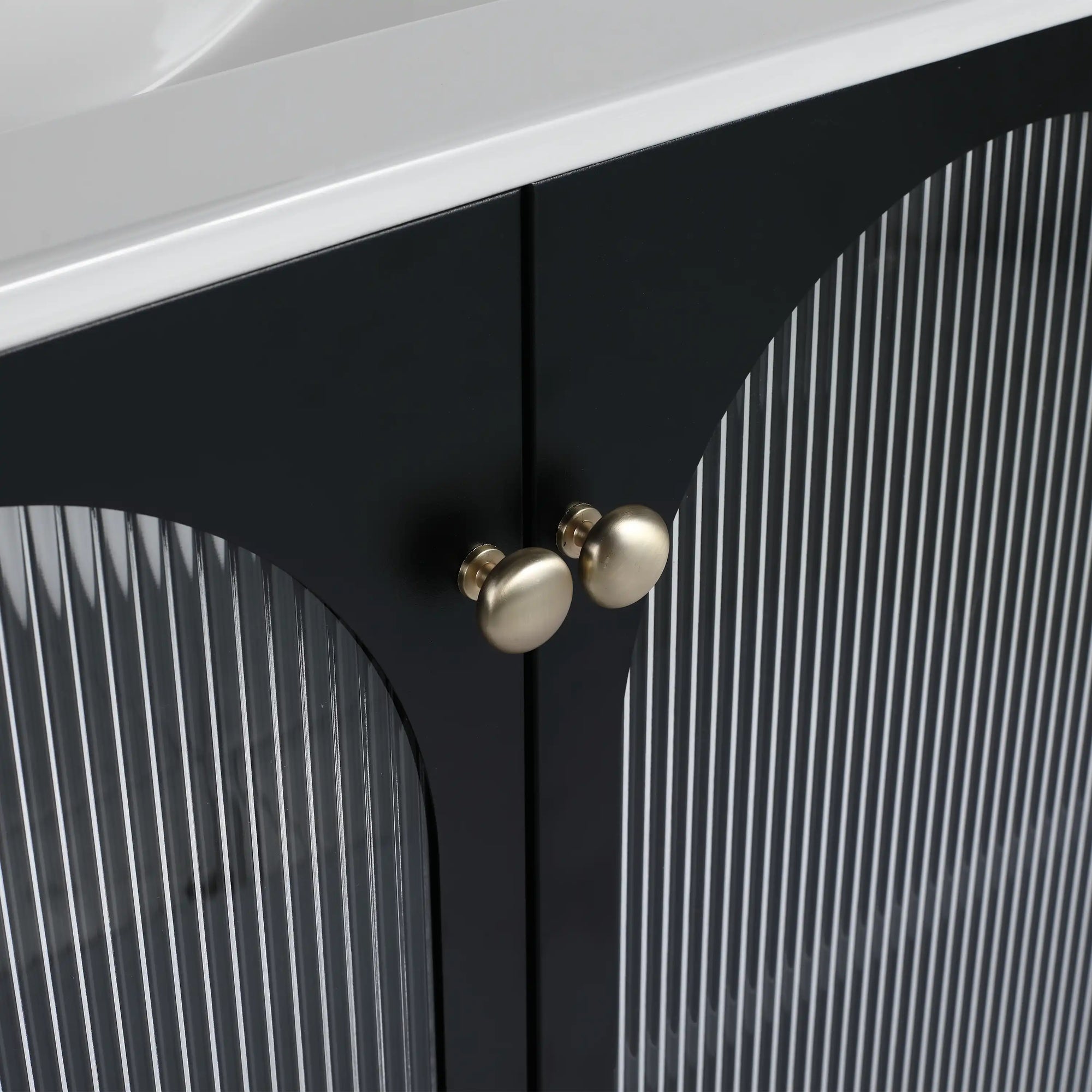 Close-up of ribbed acrylic cabinet doors and brass knobs on 30" freestanding makeup vanity | Ace Decor