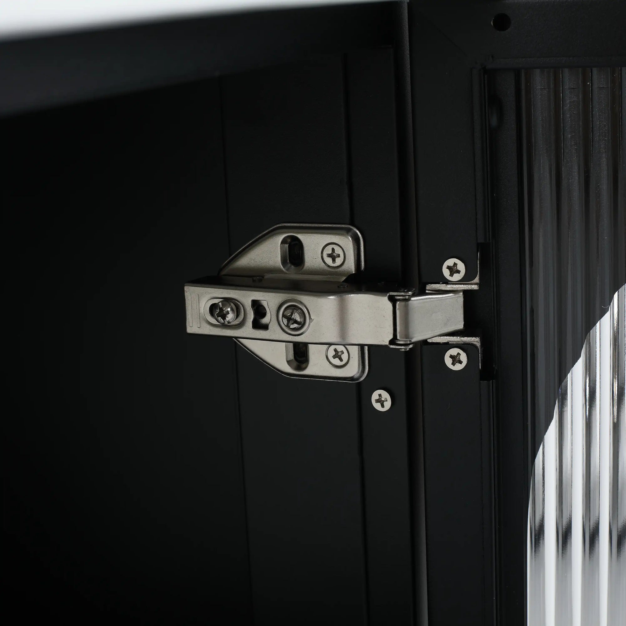 Soft-close hinge detail inside 30" freestanding makeup vanity cabinet | Ace Decor
