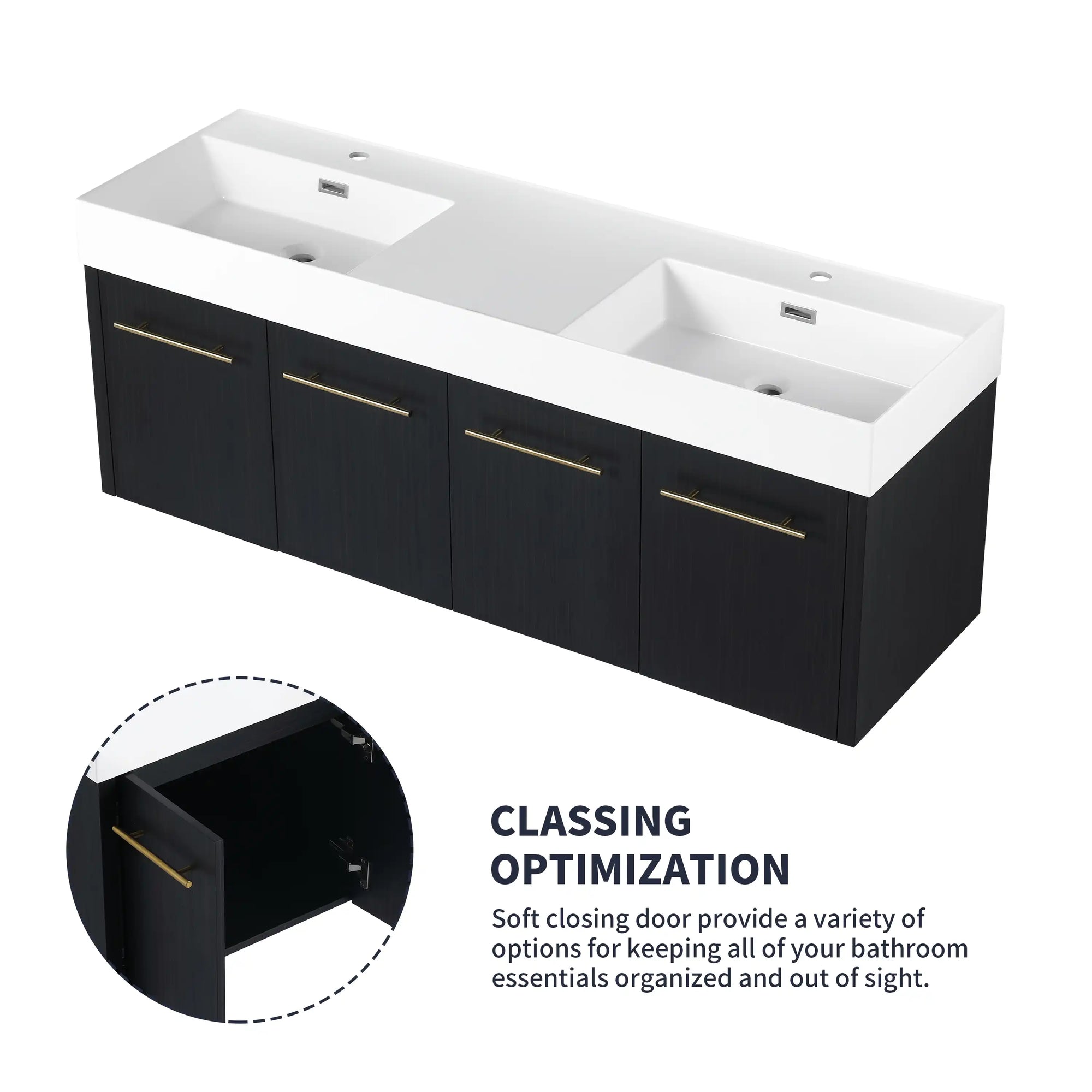 60 inch bathroom vanity with double sink and soft-close cabinet storage detail | Ace Decor