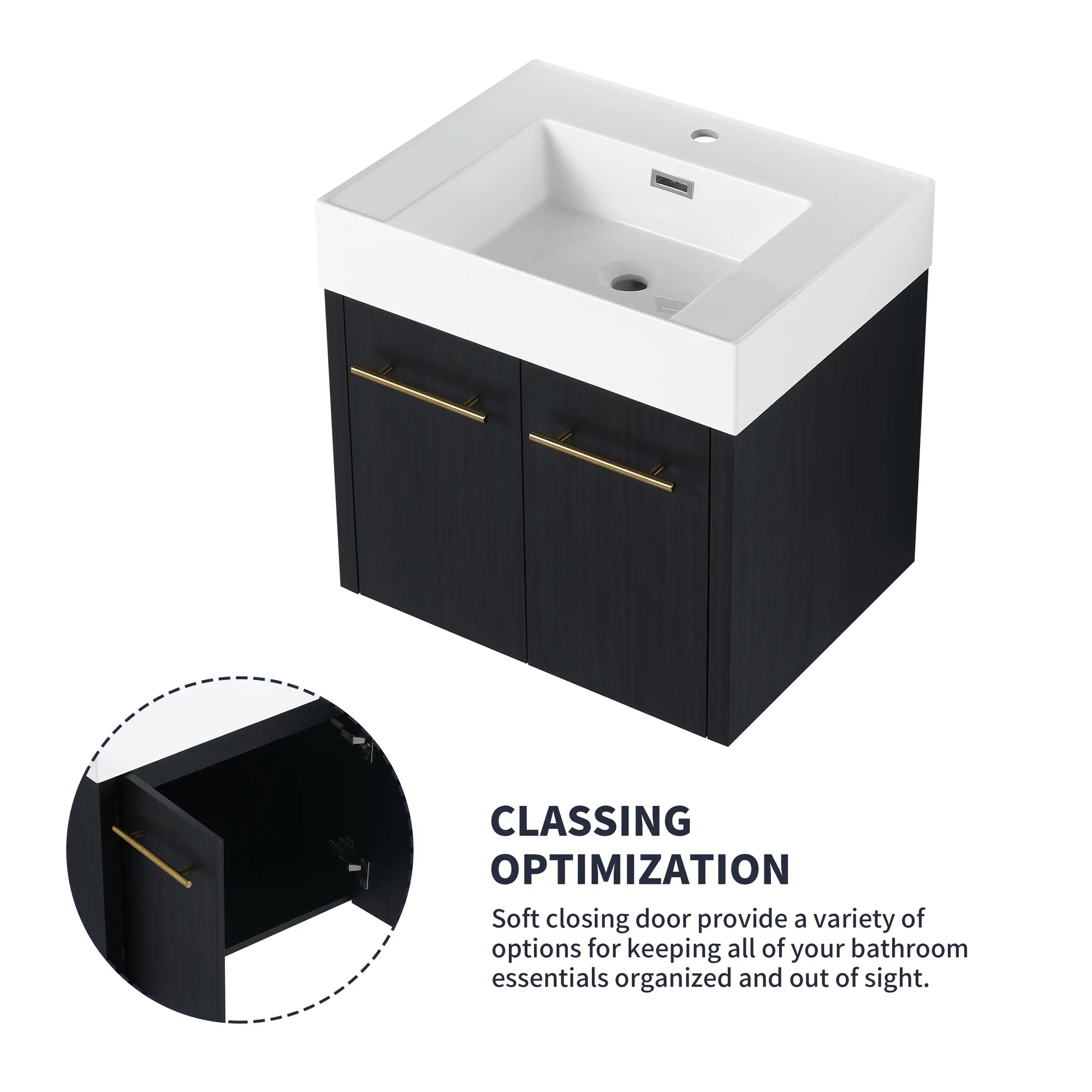 24" small wall mounted vanity with soft-close doors and organized storage feature | Ace Decor