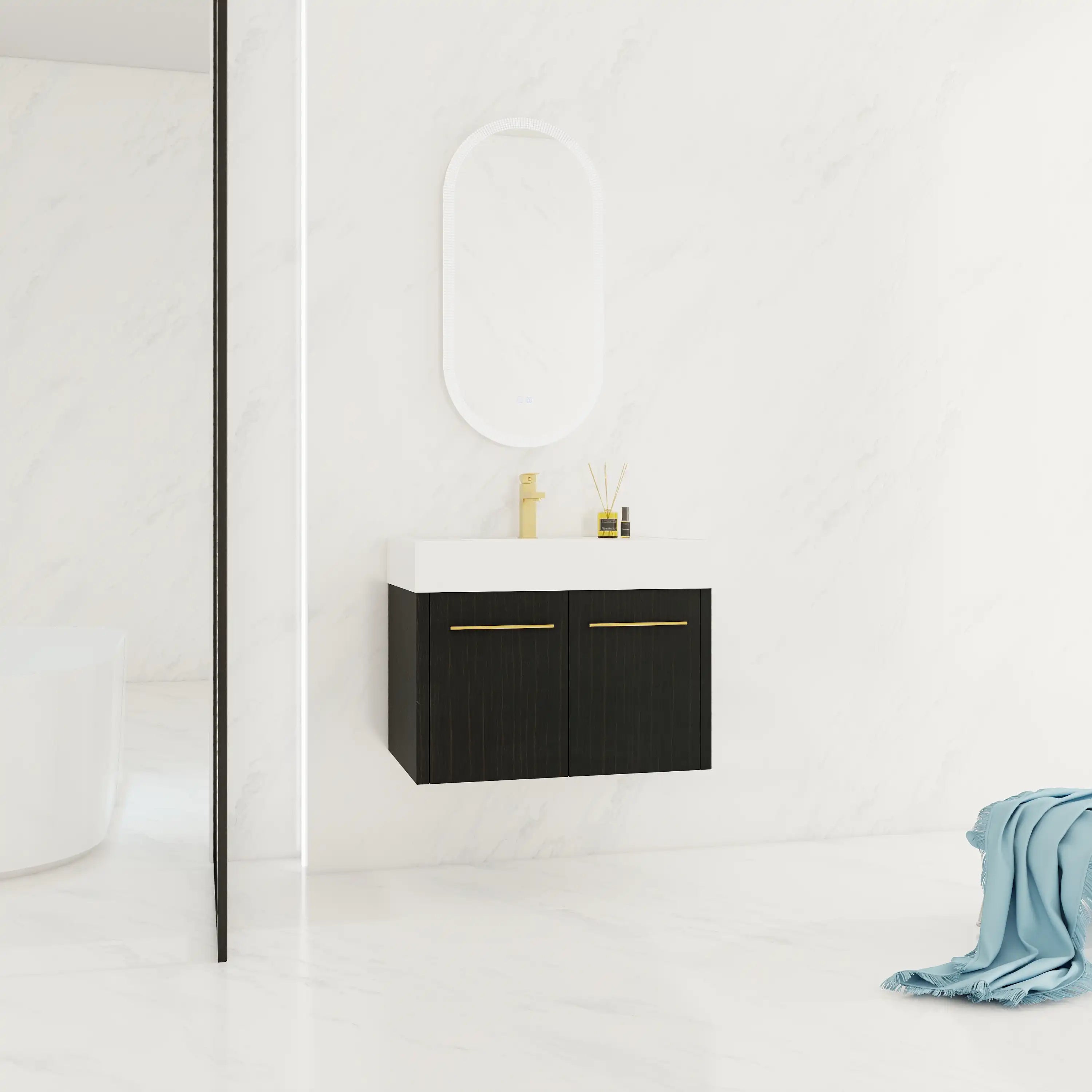 Noirline Series 30 inch wall mounted bathroom vanity in modern marble bathroom.