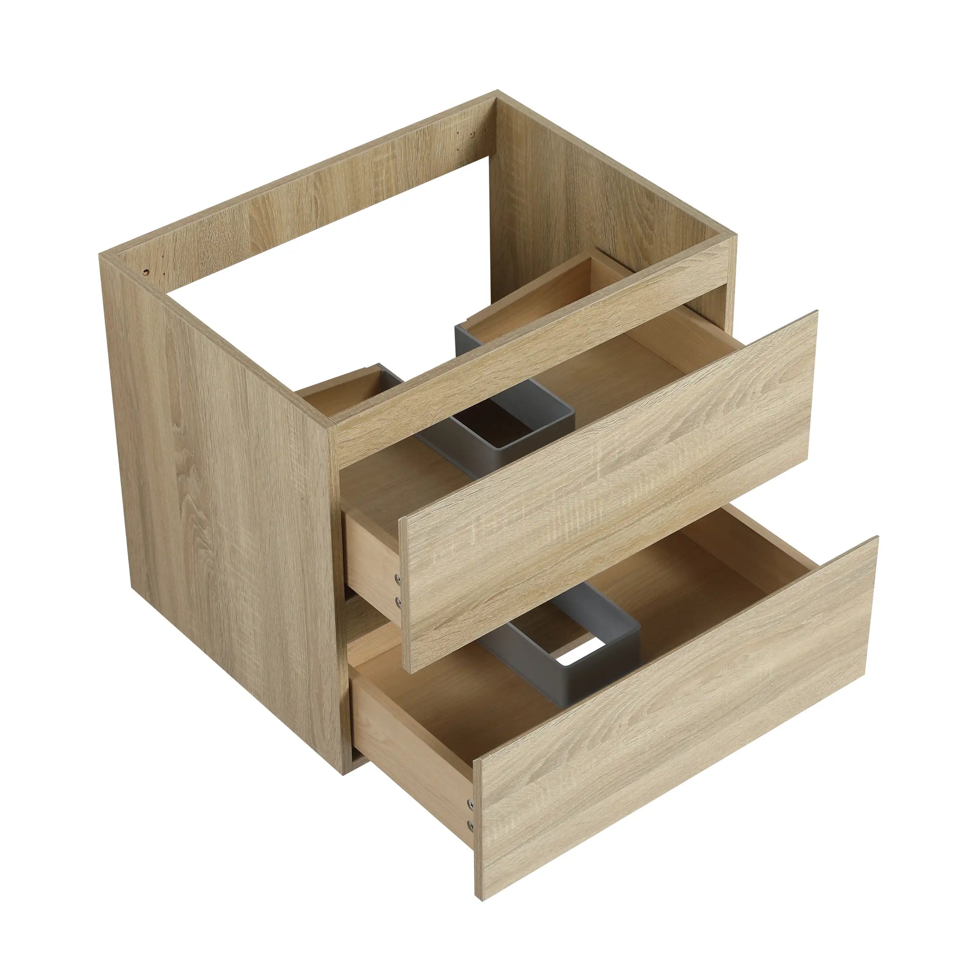 Angled view of 24 inch bathroom vanity with drawers, drawers open | Ace Decor
