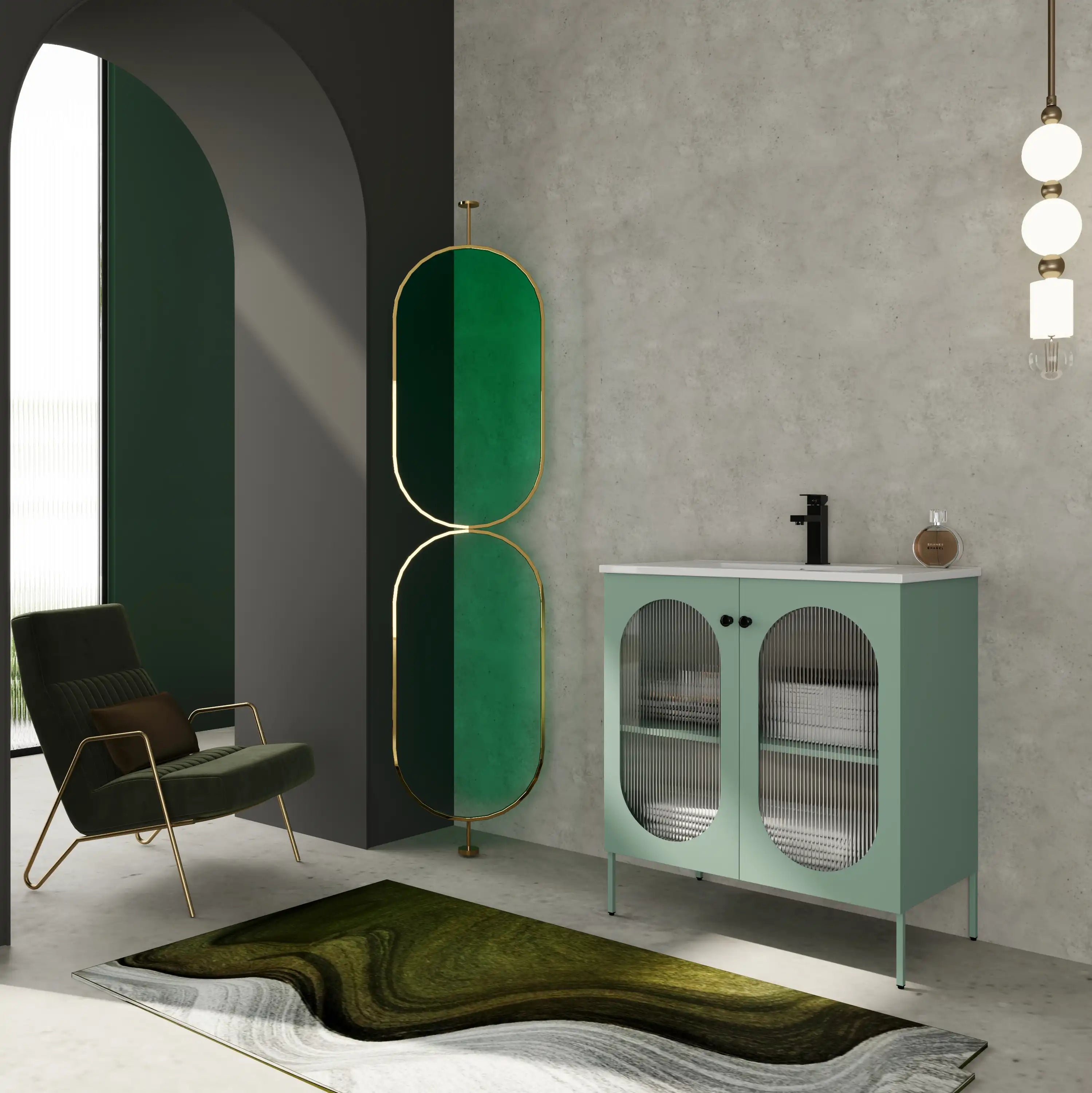 Modern bathroom scene with AeroGrid Series freestanding vanity with sink and acrylic cabinet doors.