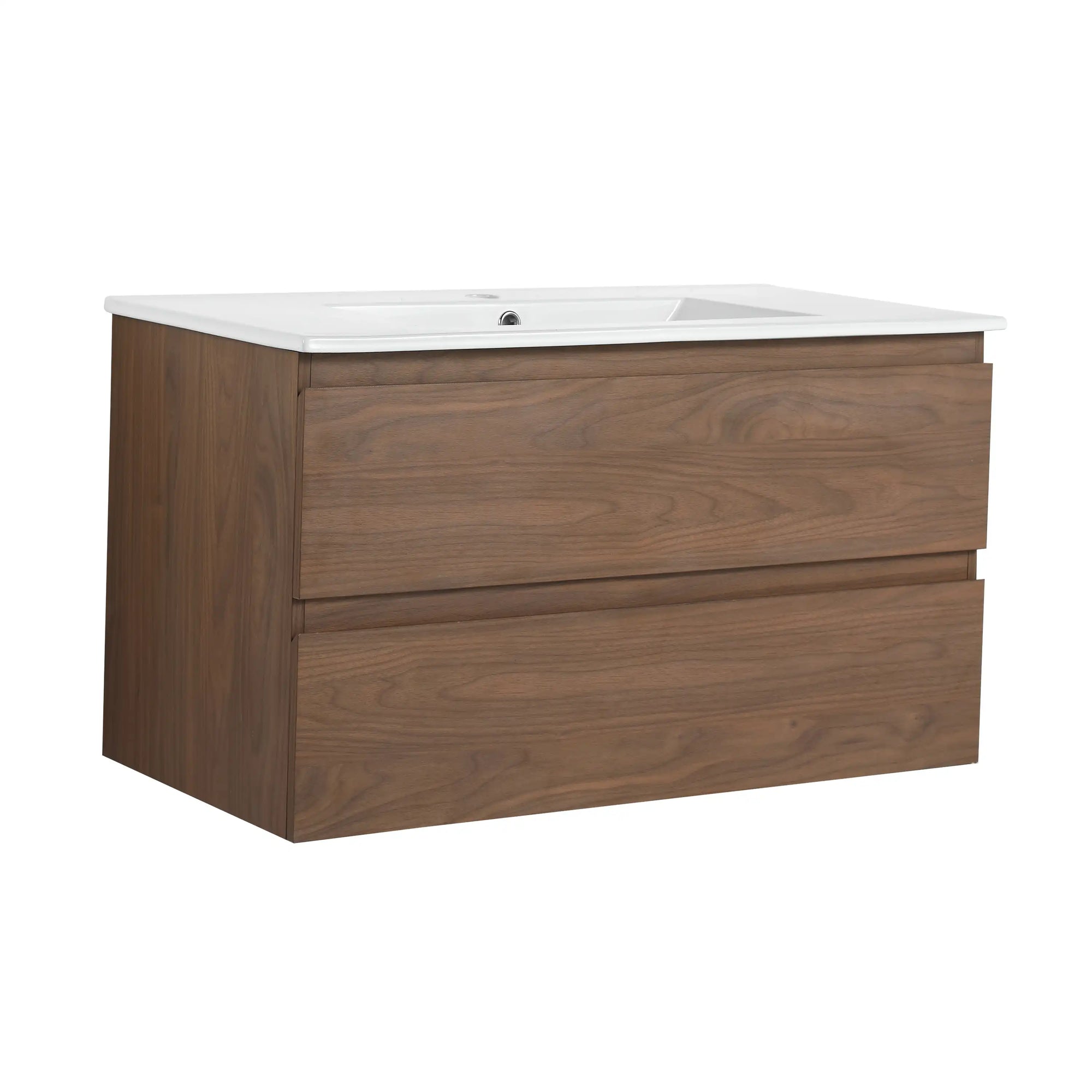 36" wall mounted bathroom vanity with sink, brown oak front view with ceramic top | Ace Decor