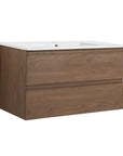 36" wall mounted bathroom vanity with sink, brown oak front view with ceramic top | Ace Decor