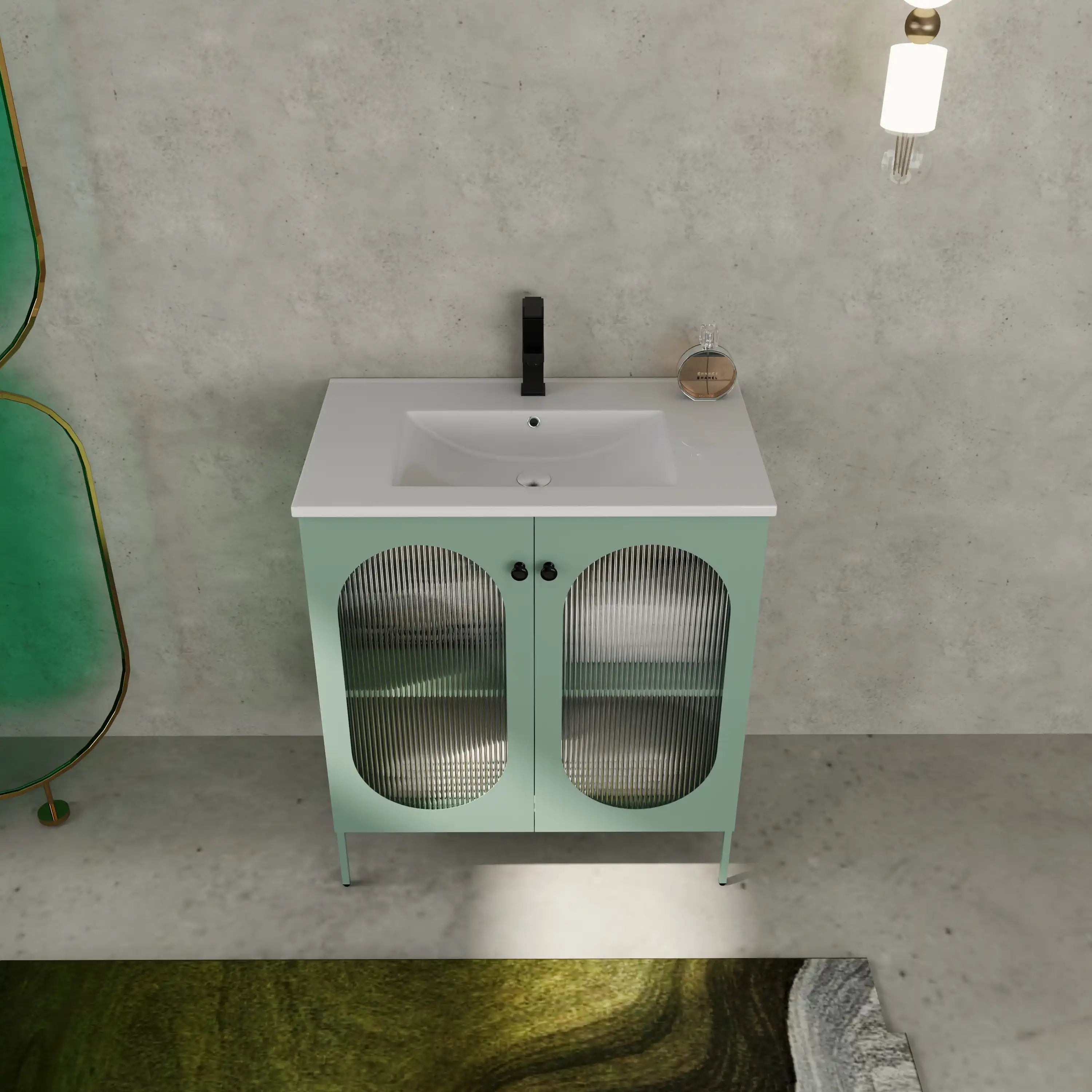 Styled bathroom scene with AeroGrid Series 30" mint green freestanding vanity.