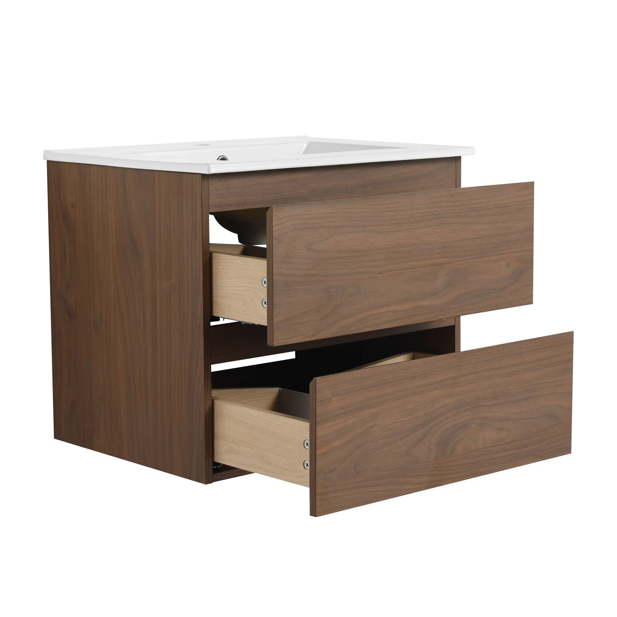 24 inch bathroom vanity with soft-close drawers open storage view | Ace Decor