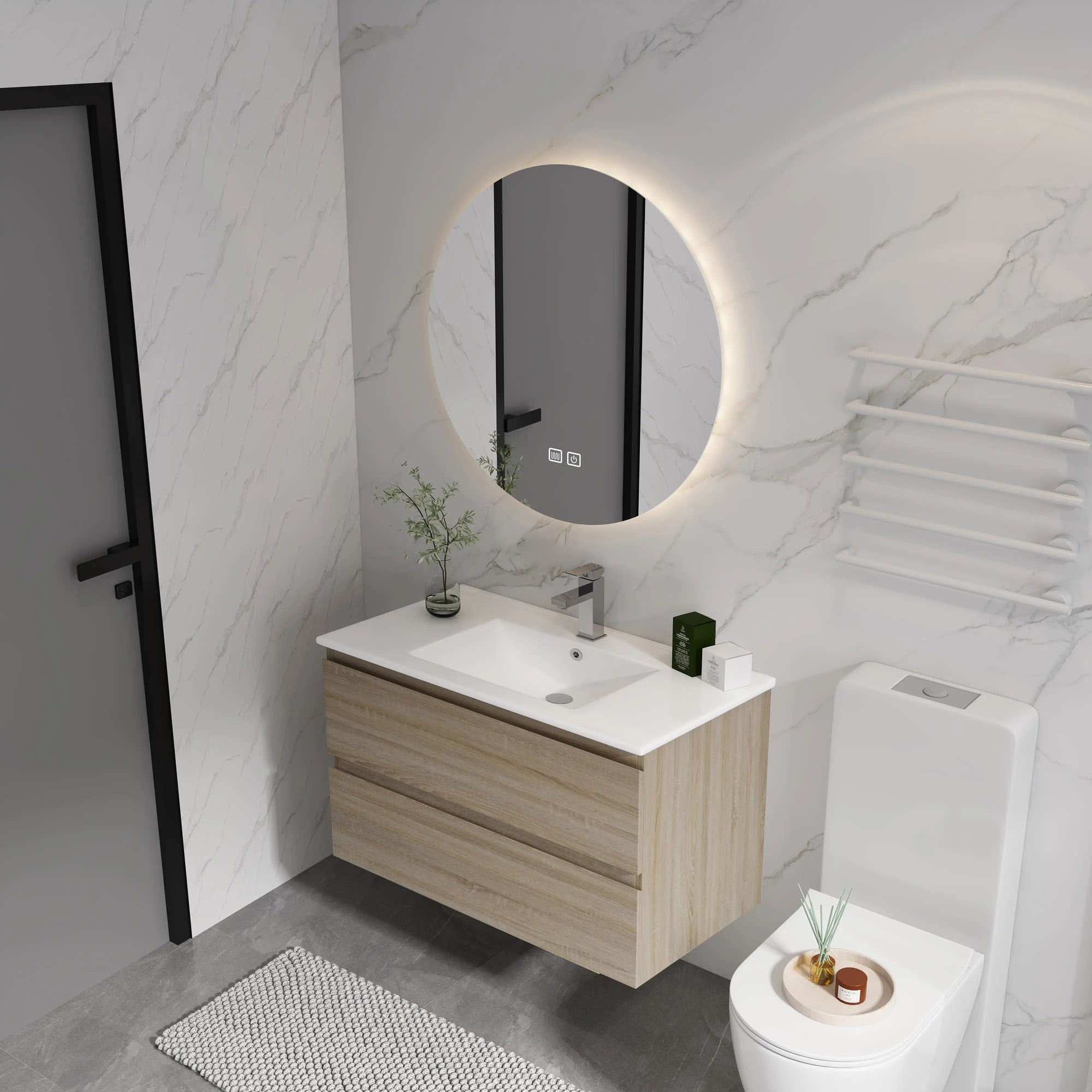 36" bathroom vanity wall mounted in modern bathroom setting with mirror and lighting | Ace Decor
