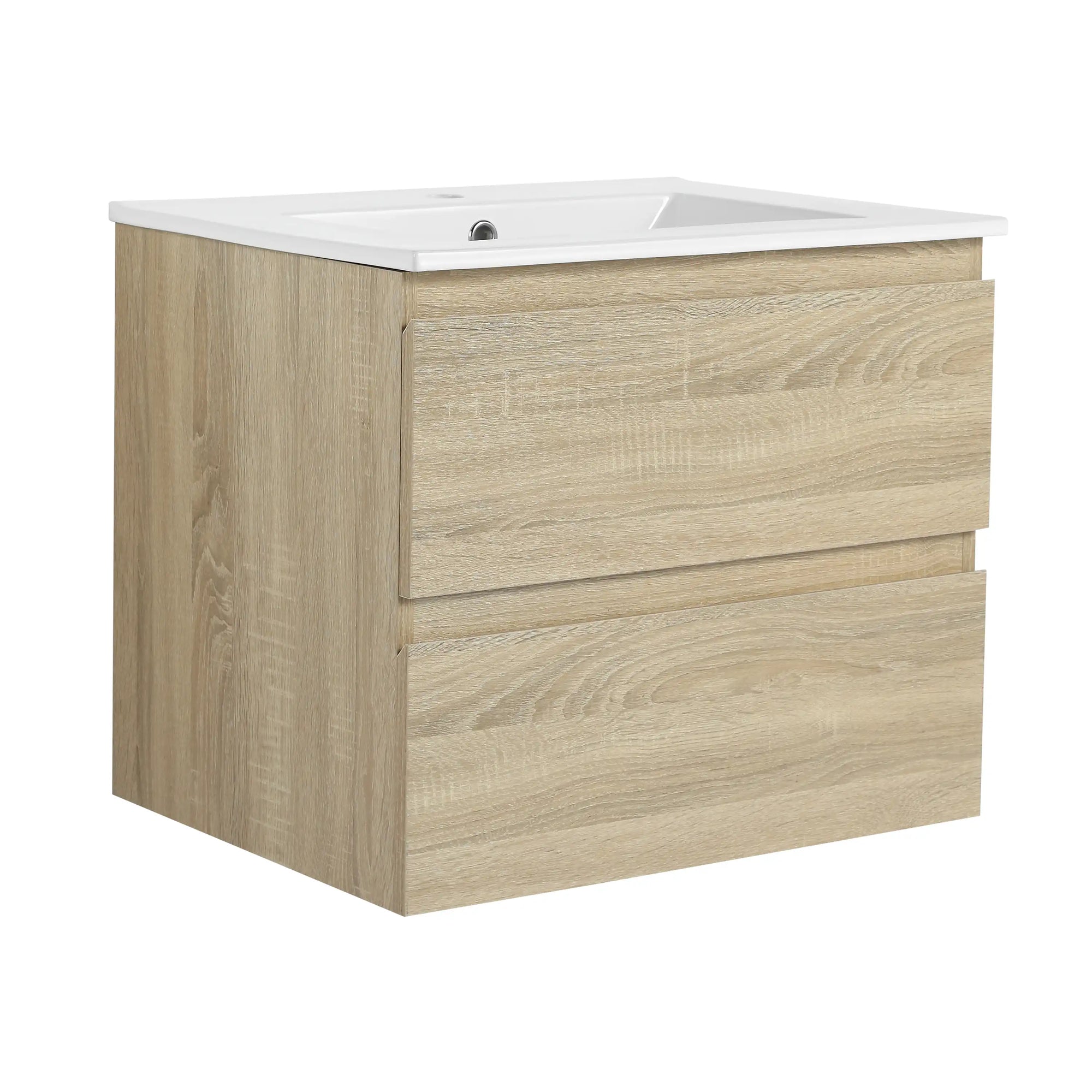 Angled view of 24 inch bathroom vanity with drawers and ceramic sink | Ace Decor