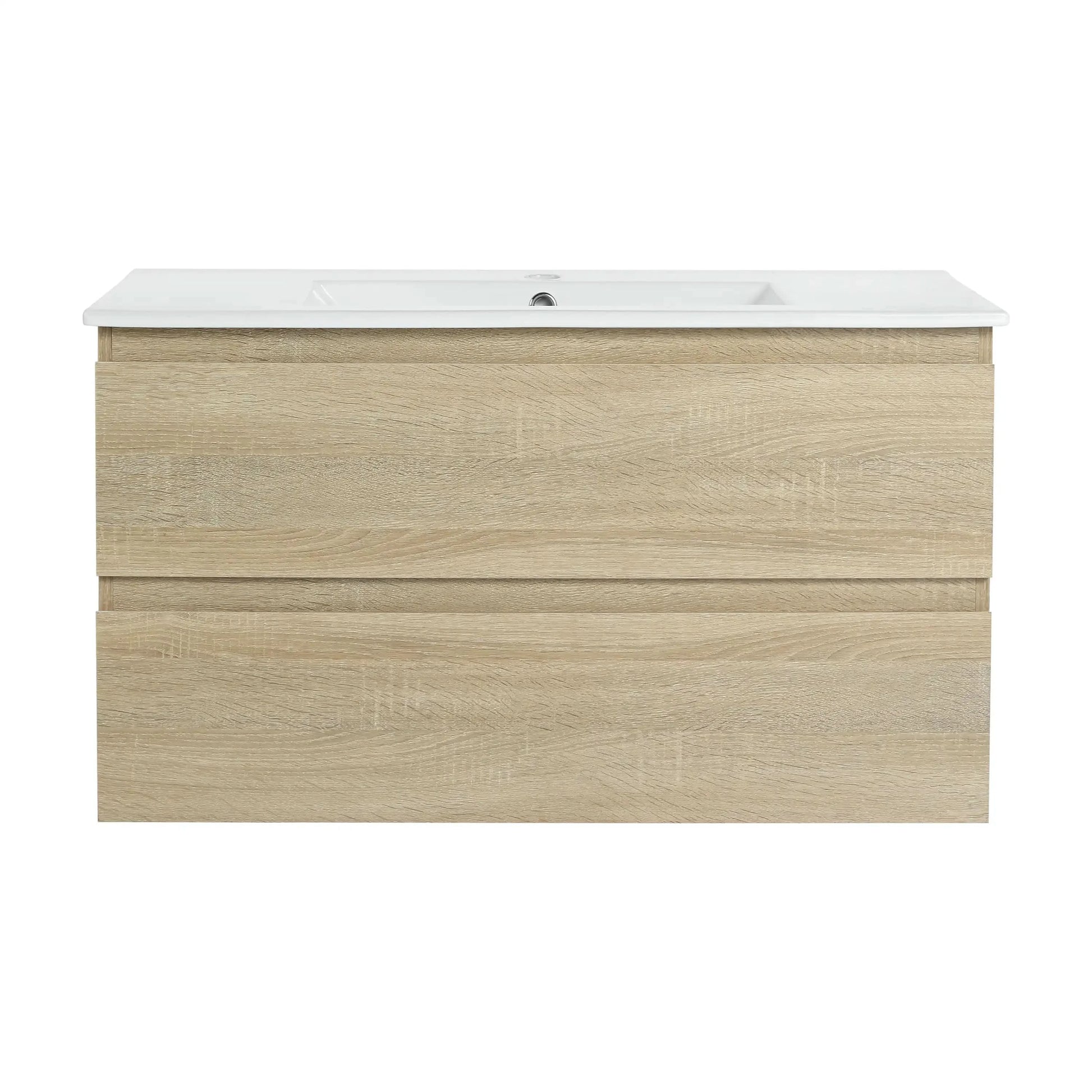 Wall-Mounted Bathroom Vanity with Ceramic Sink and Soft Close Drawers size: 36 X 18